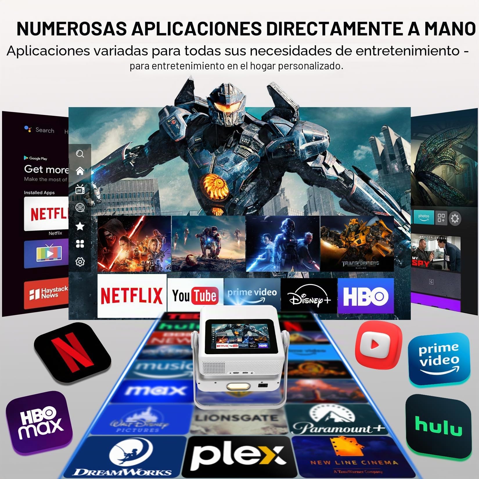 Proyector Inteligente Compatible 4K, Videoproyector Full HD 1080P con Pantalla Táctil, Doble Pantalla, 1200 ANSI, Enfoque Automático, WiFi 6 Bluetooth, 1000+ Apps, para Cine en Casa Dormitorio Camping