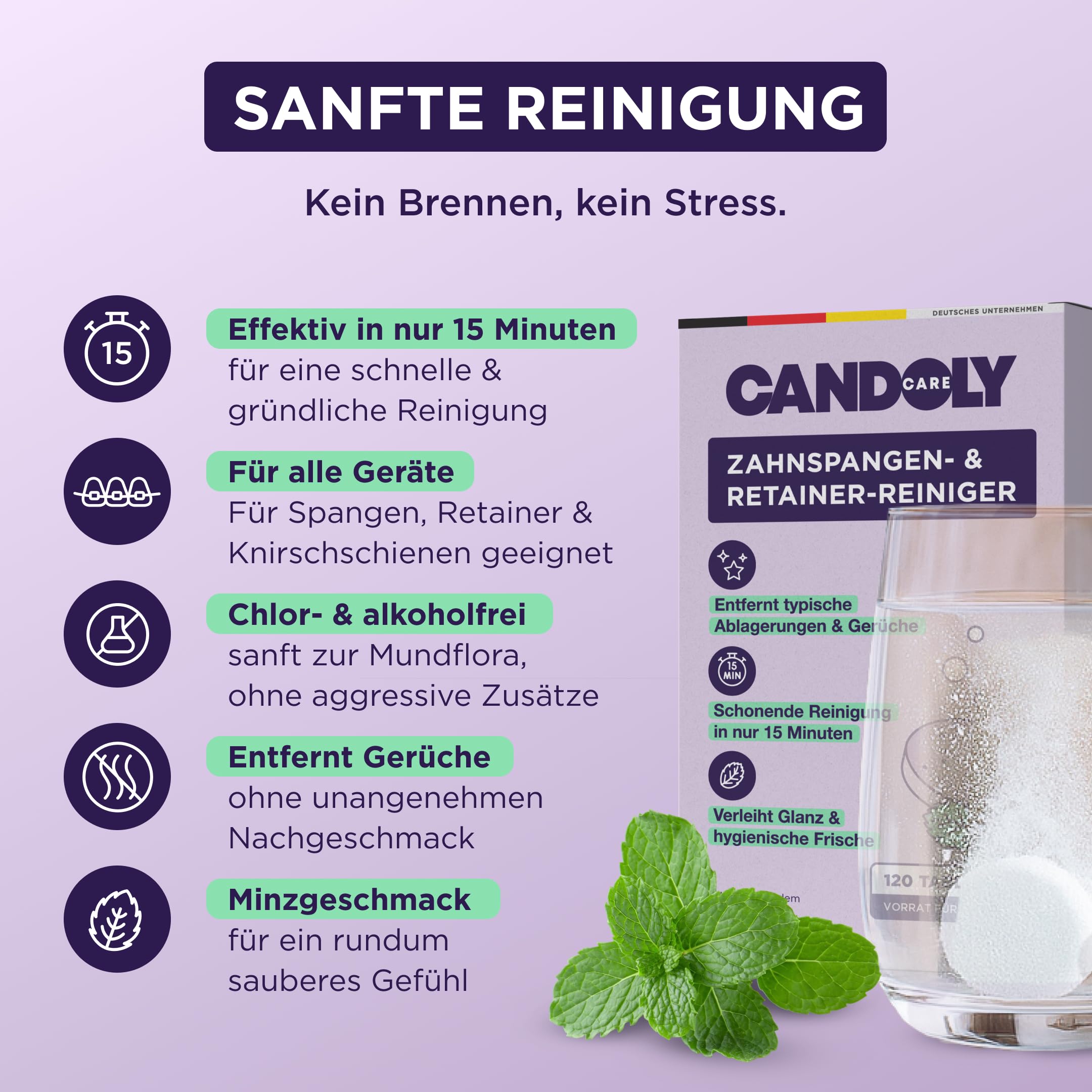 Pastillas de limpieza de frenillos: limpieza suave para aparatos ortopédicos, retenedores, alineadores y férulas dentales, limpiador sin cloro ni alcohol, sabor a menta fresca, eficaz en 15 min, 120