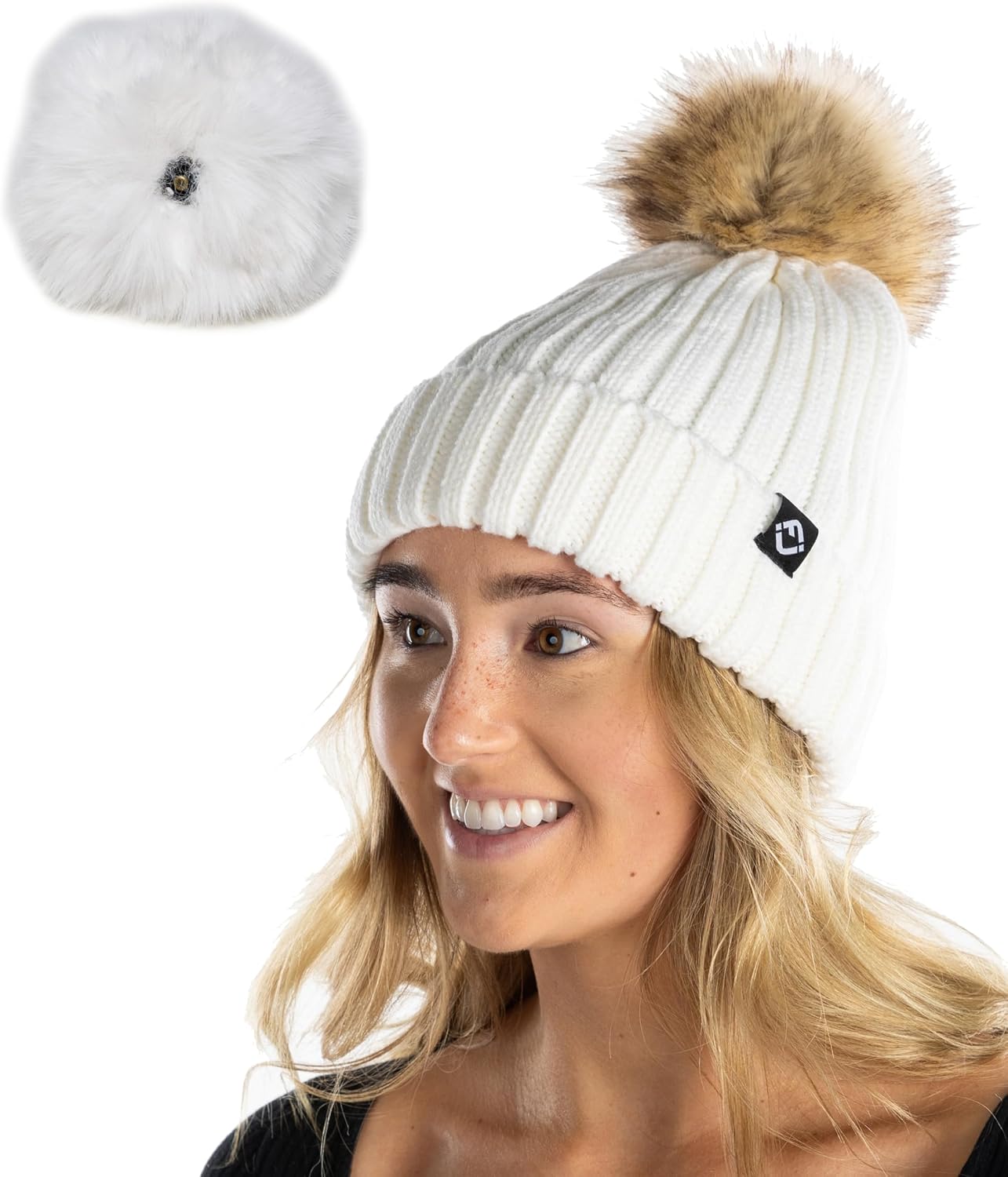 Funky Junque Women’s Winter Detachable Pom Beanie – Warm Knit Hat with Removable Faux Fur Pom, Soft Stretch Acrylic Cozy Cap
