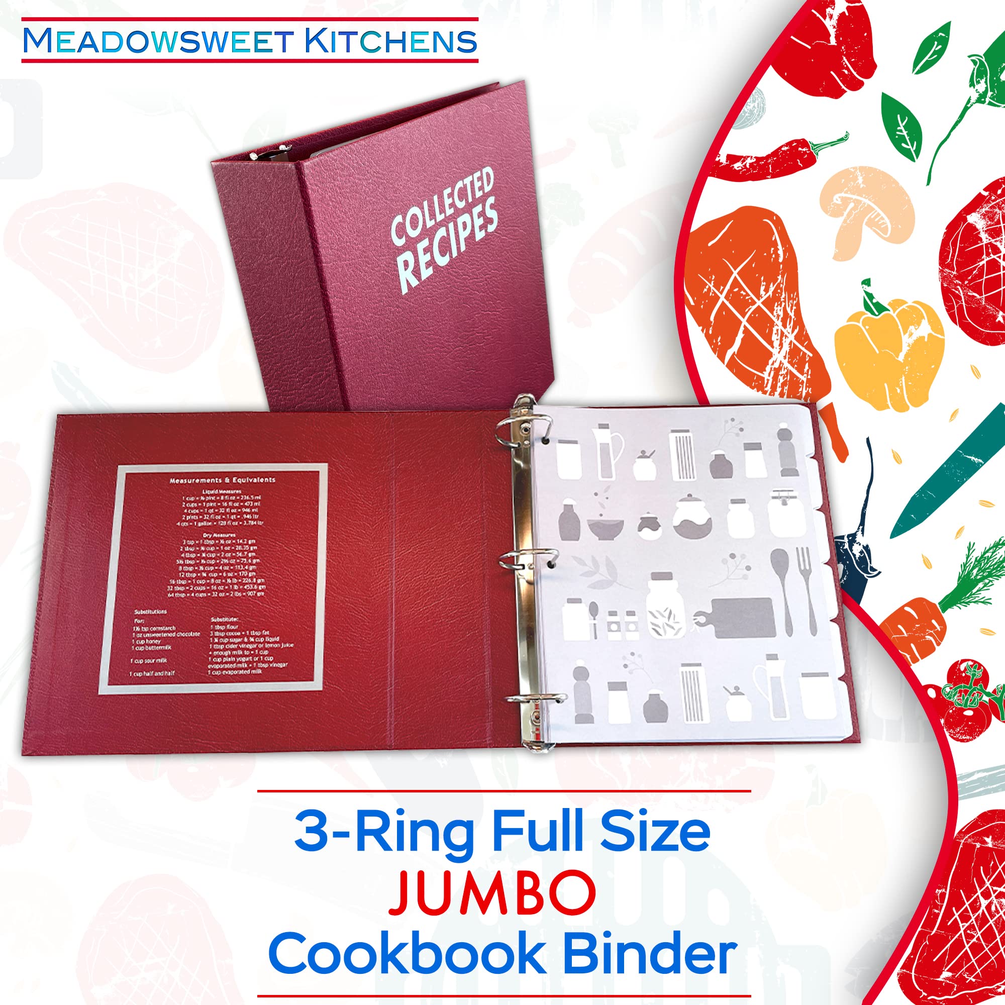 Meadowsweet Kitchens Rezeptordner mit Trennwänden und Etiketten – Kochbuchmappe für Rezeptkarten, lebensgroße Rezepte, Rezeptausschnitte, Rezept-Organizer-Buch, Kochbuch selber machen – Jumbo