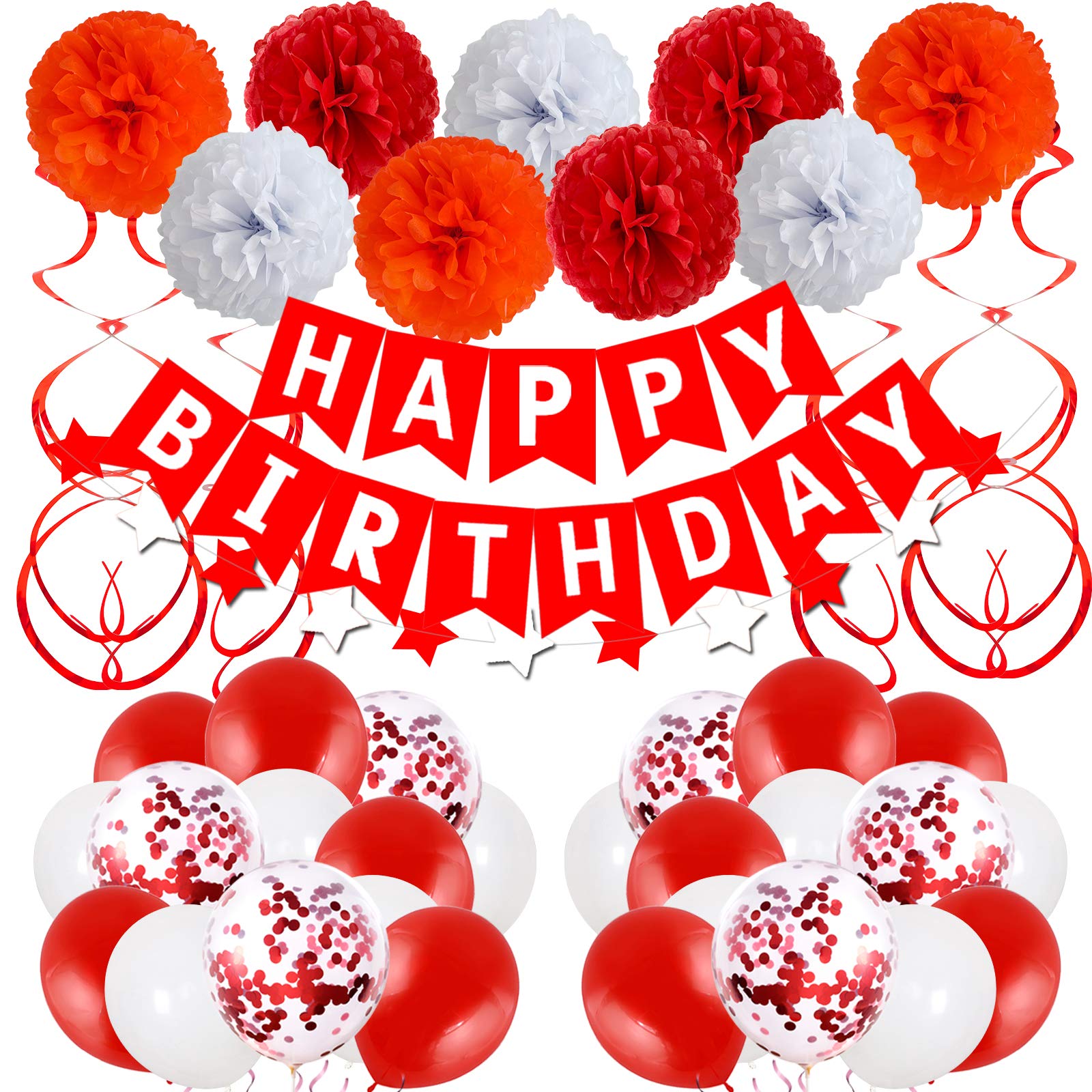 Red White Birthday Decorations for Women Girls Birthday Party Decoration Supplies Birthday Balloons Happy Birthday Banner Latex Confetti Balloons Paper Pom Poms for 13th 18th 20th 21st 25th 30th 40th