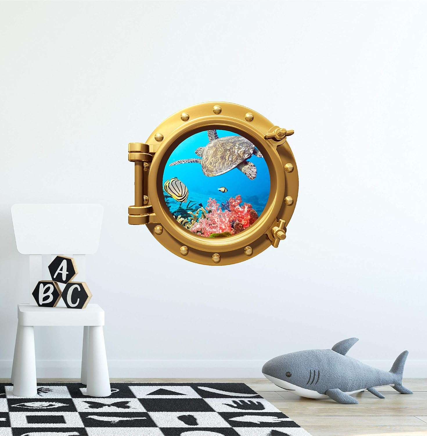 24" Porthole 3D Window Wall Decal Tropical Reef Life #1 Bronze Port Scape Sea Turtle Coral Reef Ocean Under The Sea Removable Vinyl Sticker