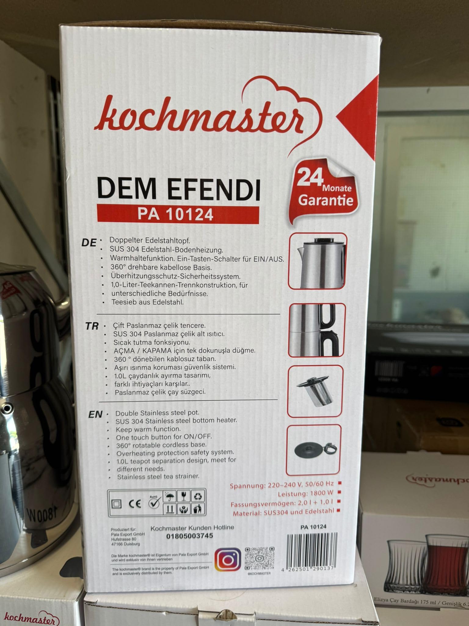 Dem Efendi Teekocher – 2,0L + 1,0L, 1800W, Edelstahl Teemaschine, Warmhaltefunktion, 360° Basis, Türkischer Teekocher