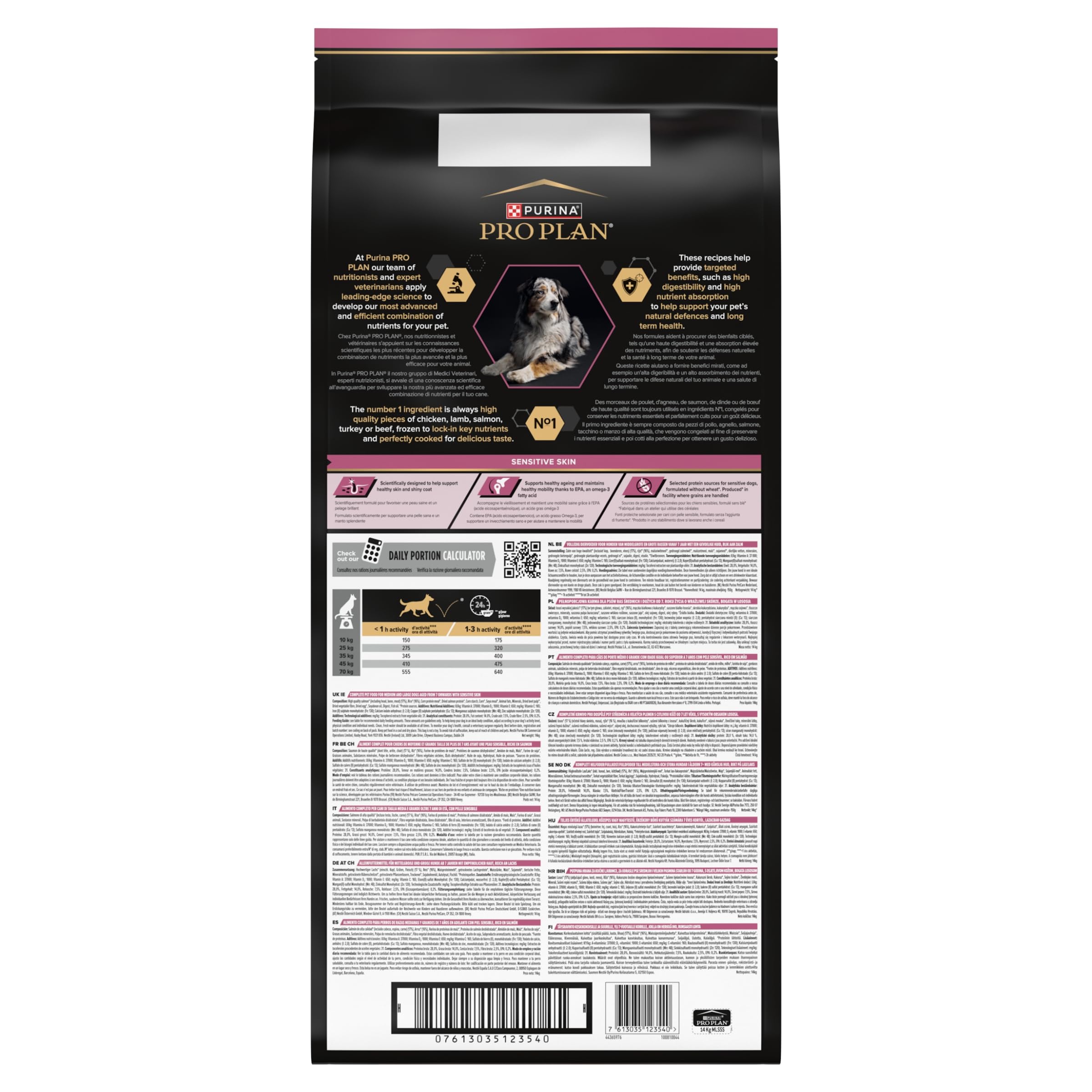 PURINA PRO PLAN | Sensitive Skin | Croquettes complètes pour chiens de moyenne et grande taille de plus de 7 ans | Favorise une peau saine et un pelage brillant | Au Saumon | Croquettes | Sac | 14 Kg