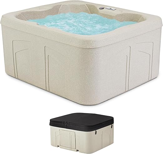 LIFE SMART 4-Person Hot Tub, Outdoor Spa with Cover and LED Lights, Square, Beige - Above-Ground Spa Machine with Accessories for Home and Personal Relaxation