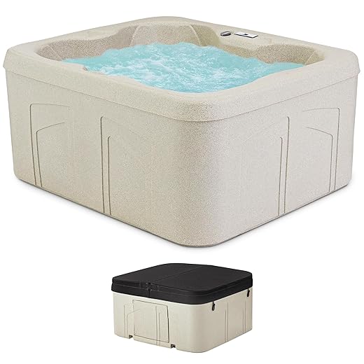 LifeSmart 4-Person Hot Tub, Outdoor Spa with Cover and LED Lights, Square, Beige - Above-Ground Spa Machine with Accessories for Home and Personal Relaxation