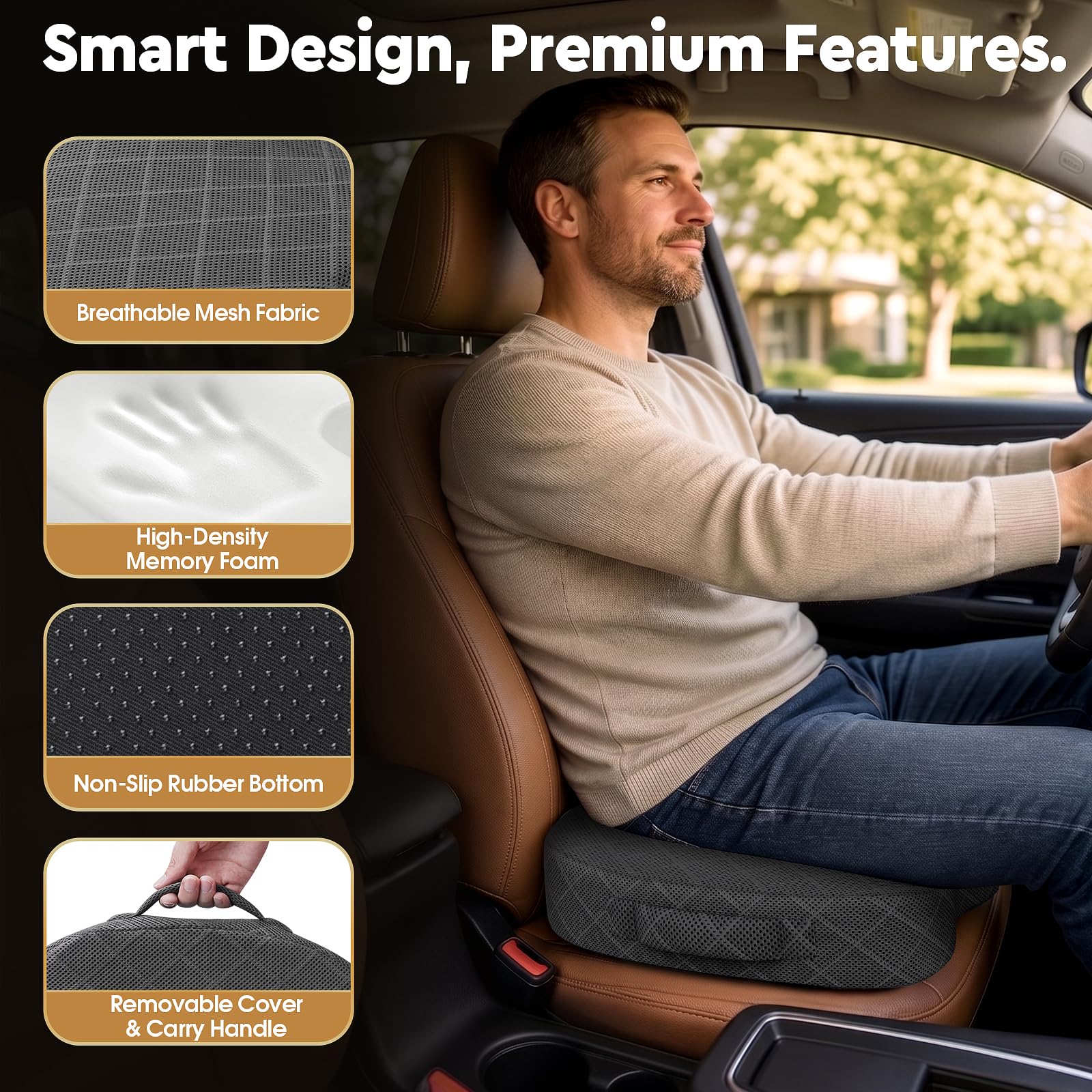 TushGuard Seat Cushion - Memory Foam Cushion for Office Chair, Car Seat, Airplane, Bleacher - Sciatica & Hip & Coccyx Pain Relief Desk Chair Cushion for Long Sitting Office Workers, Car Drivers
