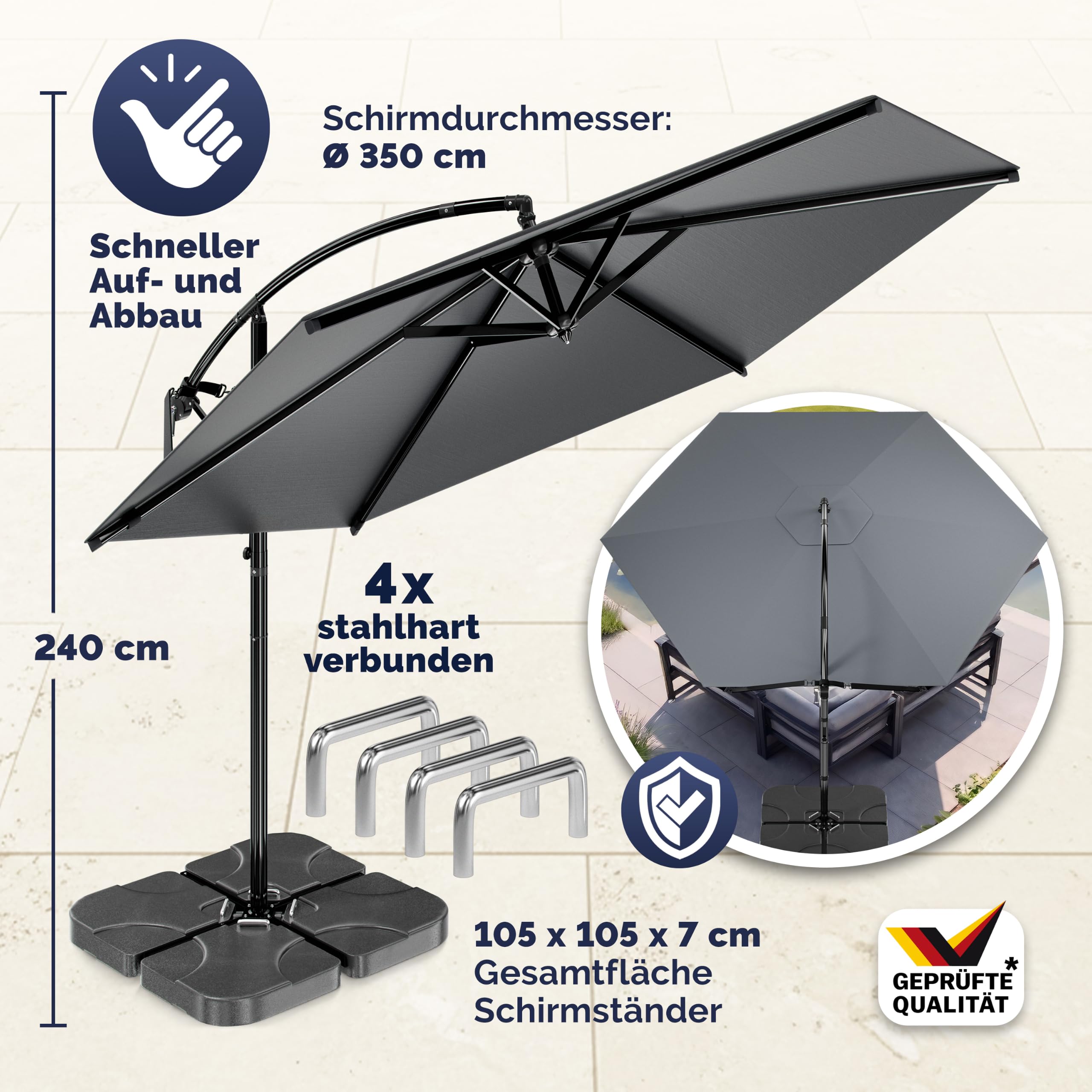 Casaria® Ampelschirm 300/350 cm Komplettset inkl. 4 Gewichte & Schutzhülle - Garten Sonnenschirm UV 80+ neigbar schwenkbar mit Kurbel rund