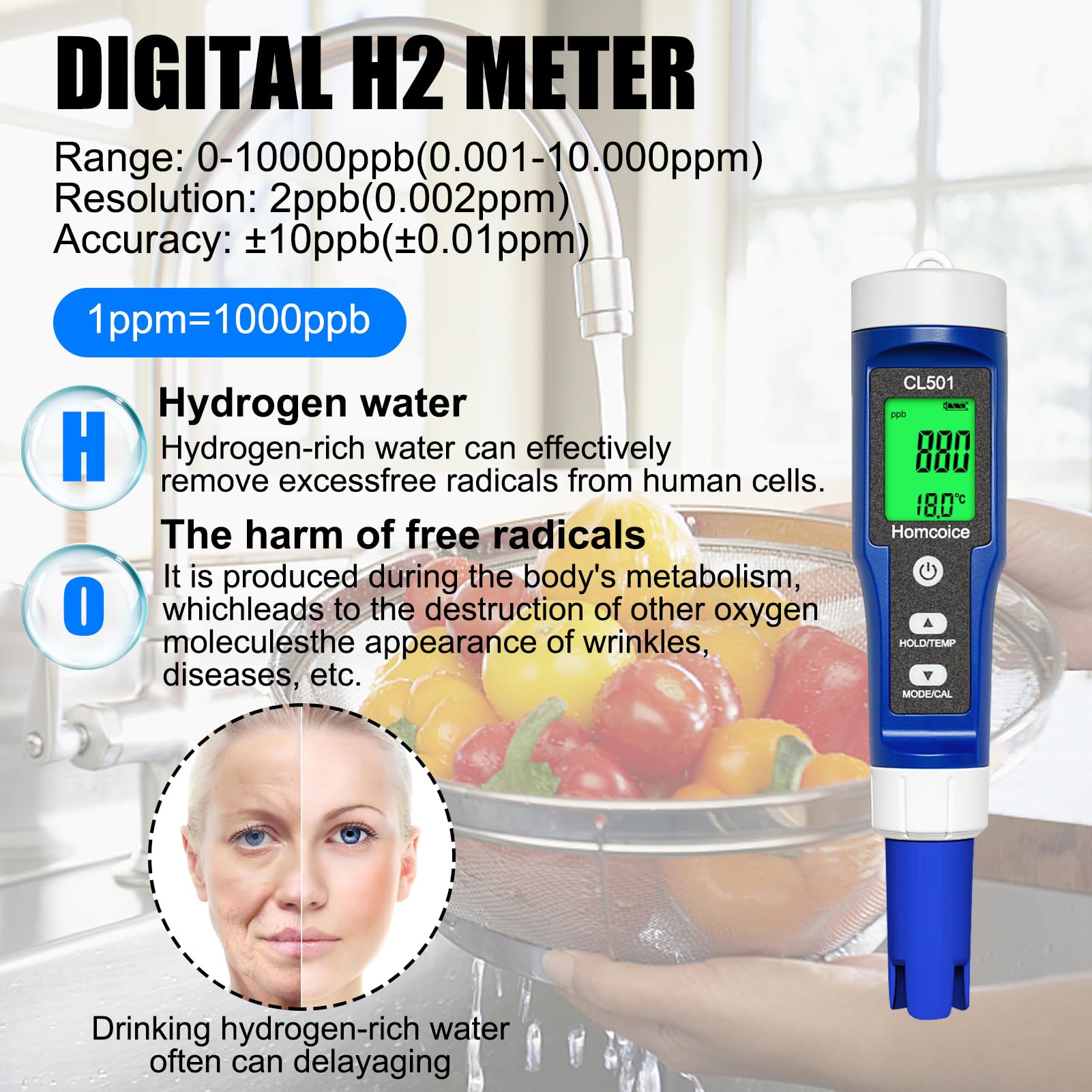 pH Chloro Mètre Piscine 5-en-1, pH chlore ORP H₂ Température Meter mesure rapide précise, Testeur Qualité Eau pour leau potable, aquarium, spa, hydroponie