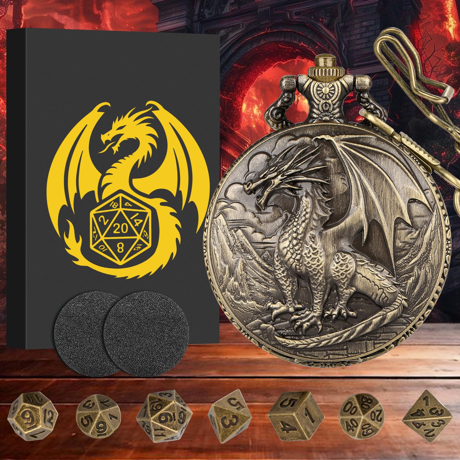 Mini DND Dice Set with Steampunk Dragon Pocket Watch Case, Tiny 7-Piece Polyhedral Metal D&D Dice, DND Gifts with Gift Box for DND Lovers, Role Playing Game Board Game Accessories Dice, Bronze