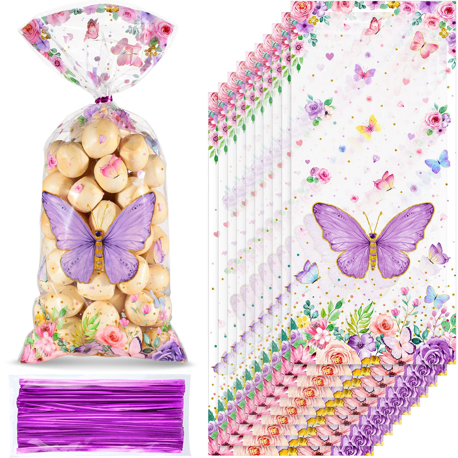 Photo 1 of Pajean 100 Pcs Butterflies Cellophane Treat Bags Plastic Butterfly Party Favors Watercolor Cello Candy Bag with 100 Twist Ties for Baby Shower Girl Birthday Party Supplies(Purple)