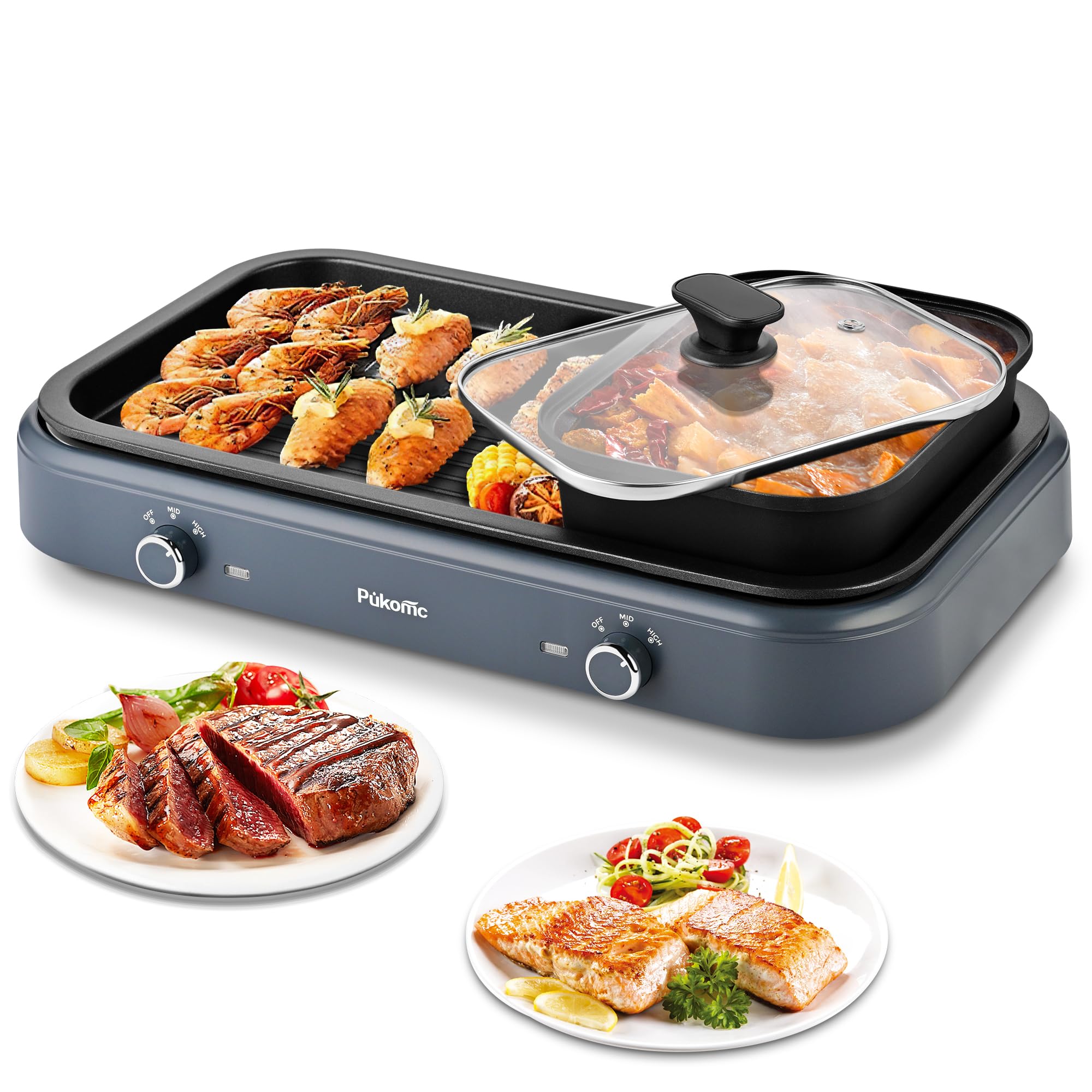 Pukomc Electric Hot Pot with Grill?2 in 1 Korean BBQ Grill Shabu Shabu Hot Po? 1500W / Temperature Control, Quick Heating Detachable Hot Pot and Baking Tray?gray