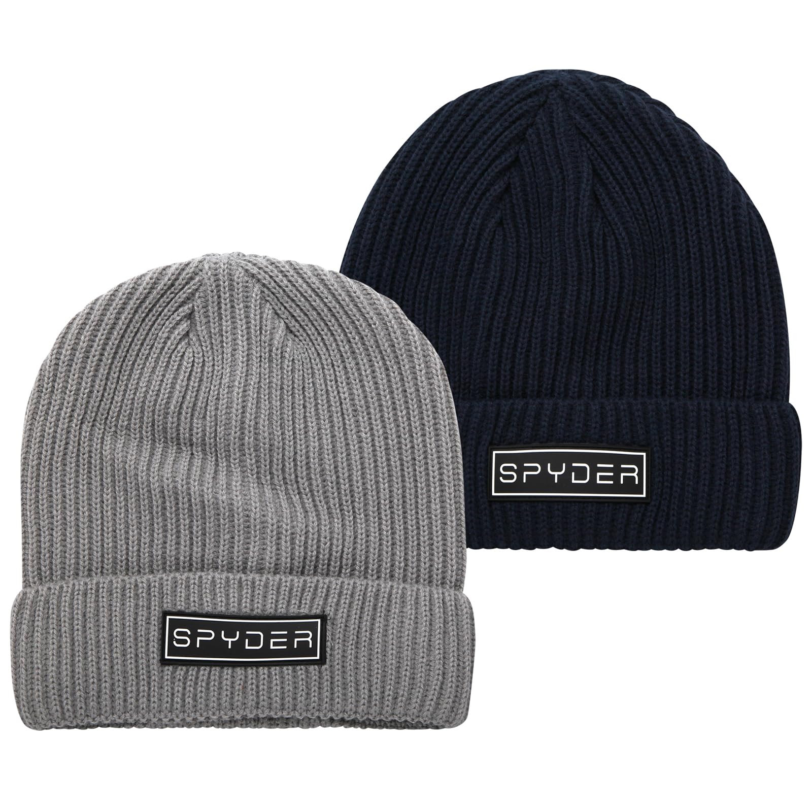 Spyder Men's Beanie - 2 Pack Ribbed Cuff Beanies with Embroidered Logo Patch - Cozy Knit Winter Hats for Men, True Navy, One Size
