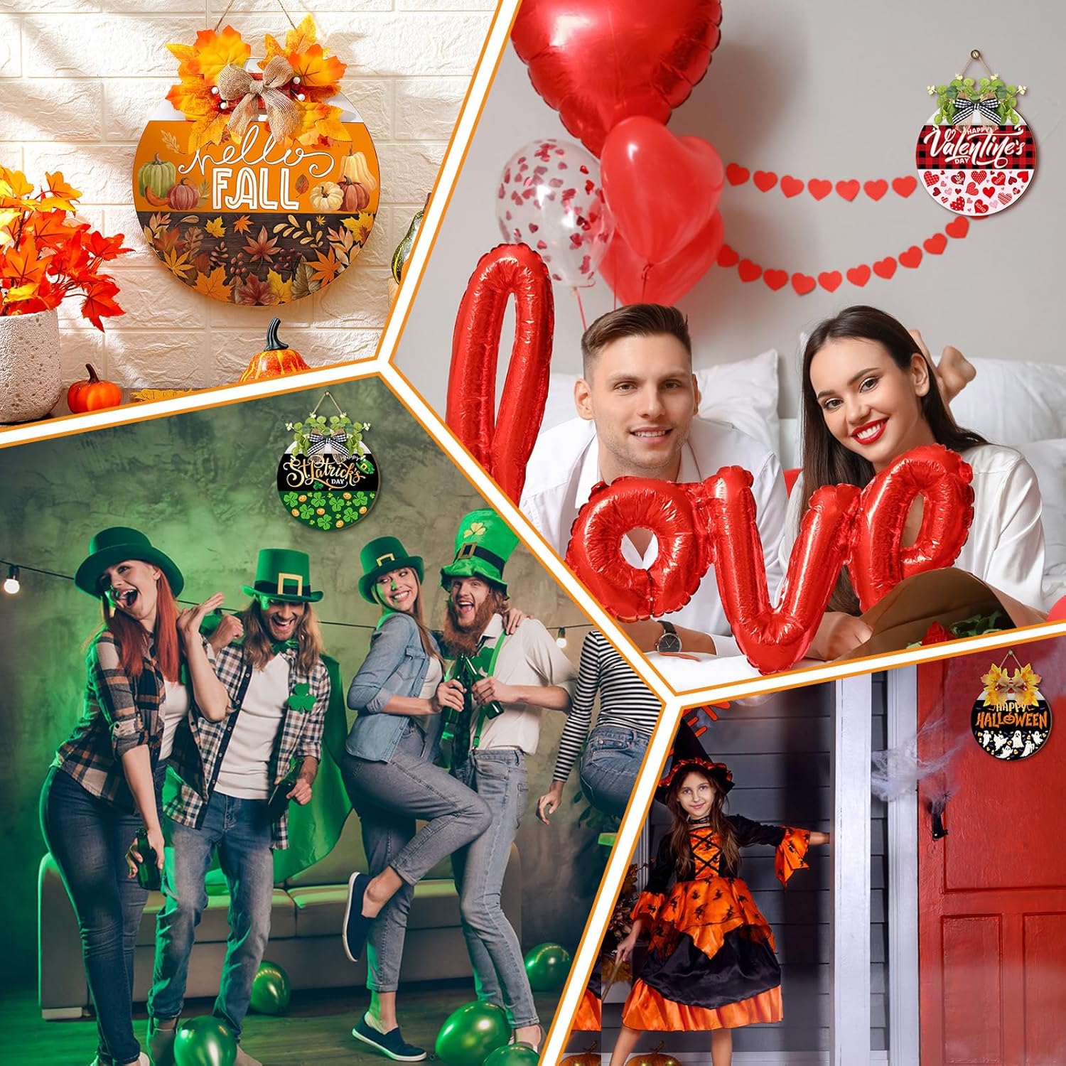 Vicenpal Interchangeable Welcome Sign for Front Door with 17 Magnetic Icons, Wooden Seasonal Front Porch Door Decor with 4 Seasonal Wreaths and 17 Changeable Icons for Holiday Party - Image 6