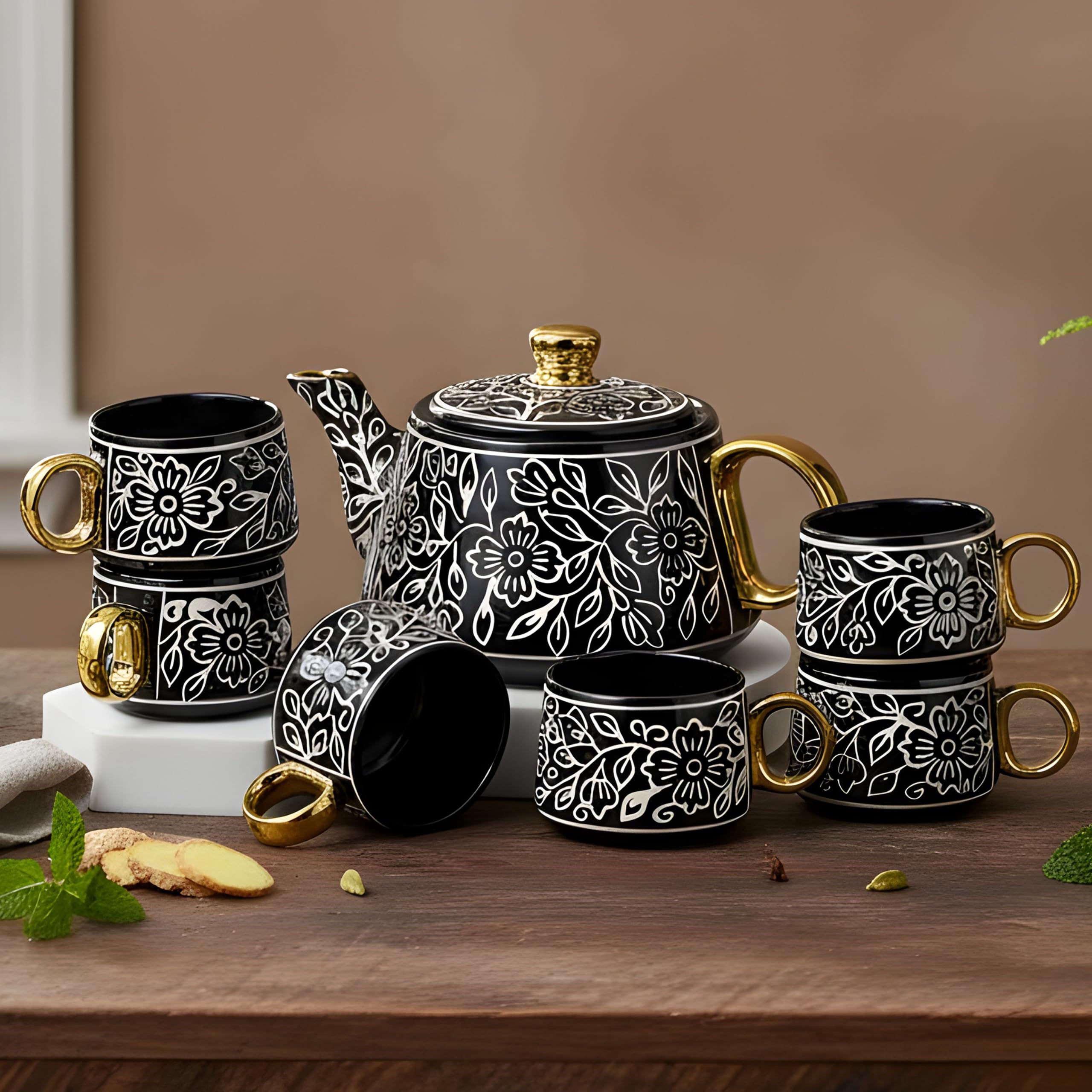 CRAF10 Black & Gold Tea Set - Ceramic Cups & Kettle -6