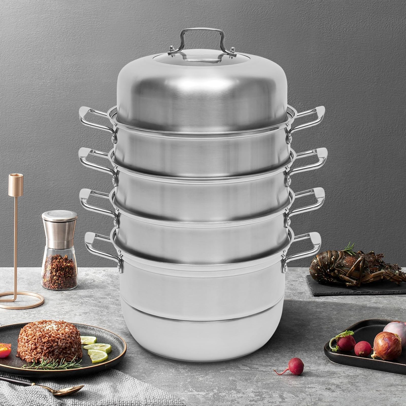 Dampfgarer Kochtopf Dampfkocher Mit Glasdeckel 304Edelstahl Steamer Edelstahl 5Etagen Mantowarka Gardampftopf Induktion Schongarer FüR Gaskochfelder Induktionskochfelder 32CM Silber