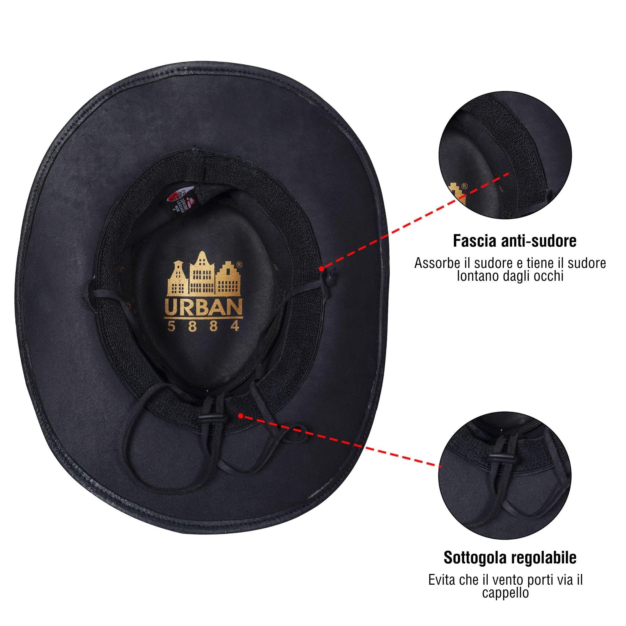URBAN 5884 Cappello da Cowboy in Vera Pelle Plain, Cappello Western Uomo/Donna in Vera Pelle Bovina, Tesa Modellabile e Sottogola Regolabile