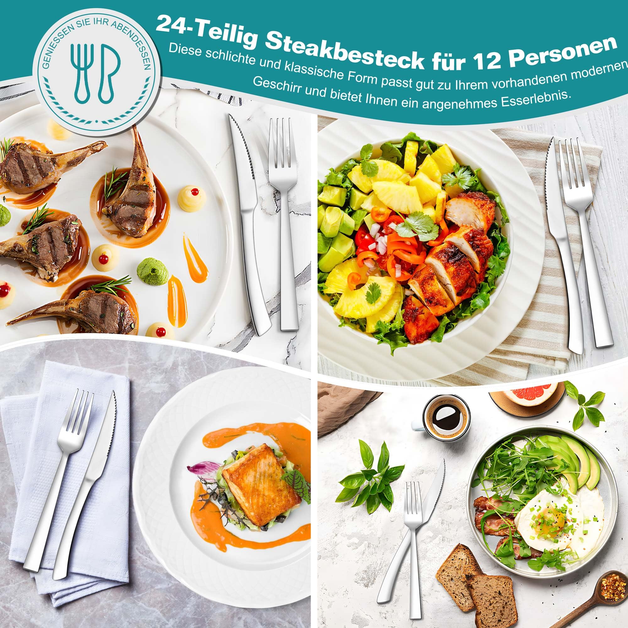 Homikit Lot de 24 couverts à steak en acier inoxydable - Couteaux et fourchettes à steak - Couverts pour 12 personnes - Couteaux de table argentés