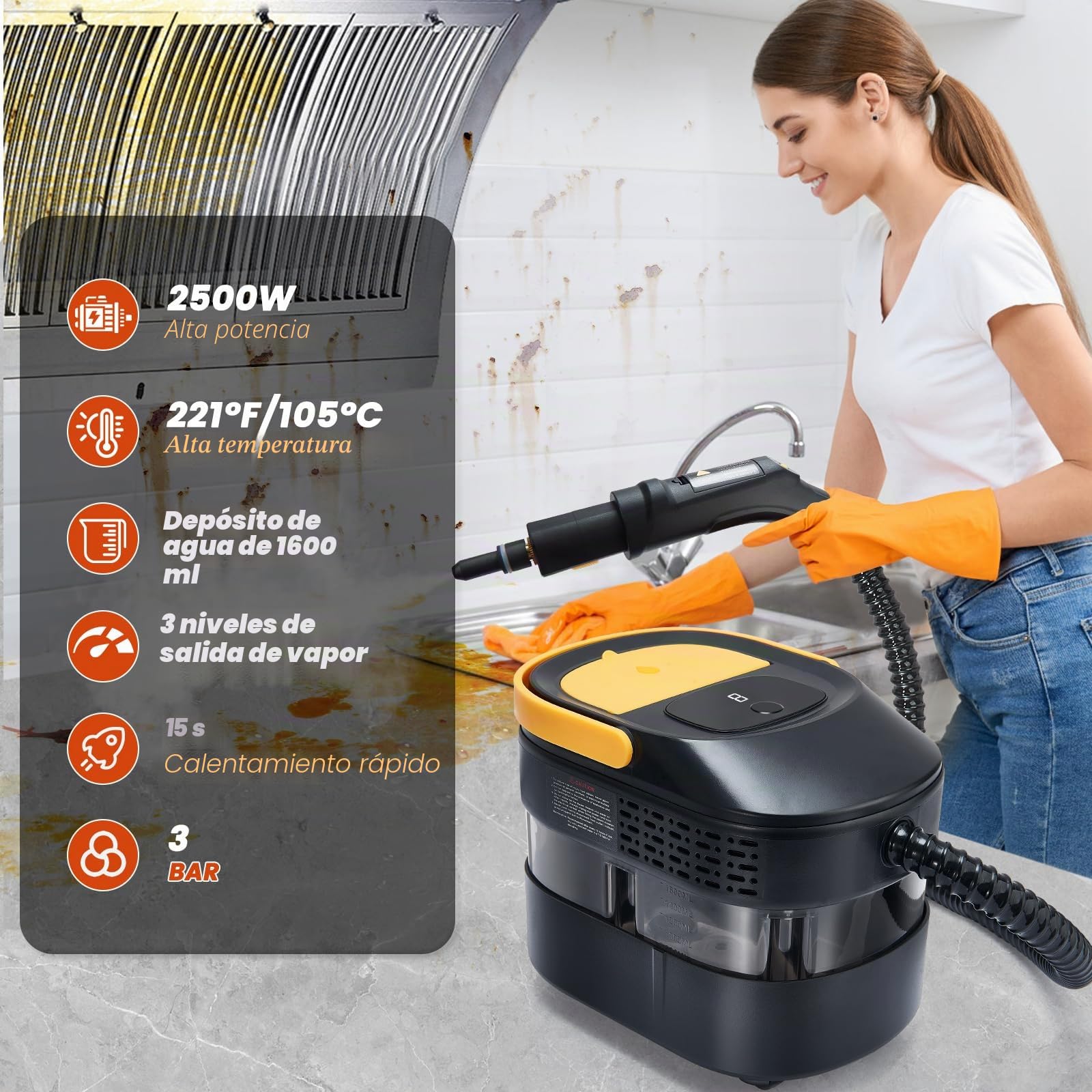 17PCS Vaporeta Limpieza Hogar Con Mango Ajustable De Nivel 3, Tiempo De Calentamiento De 15S, Tanque De Agua 1.6L, Conjunto De Vaporeta De Mano, Adecuado Para Suelo, Cocina, Ventanas, BañO
