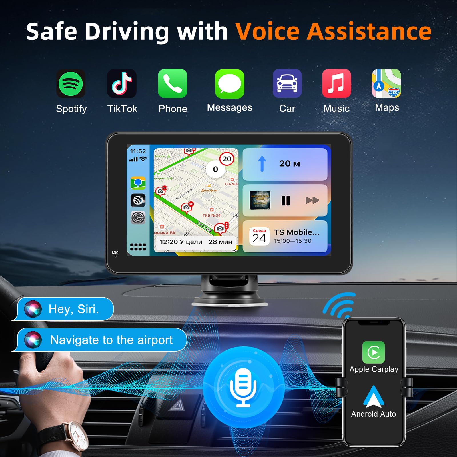 Schermo Per Auto Portatile con Carplay Wireless Andriod Auto,Display da 7 Pollici HD Touchscreen,Autoradio with Mirror Link, Bluetooth, Voice Control, Navigazione GPS,FM Trasmettitore, AUX, Airplay