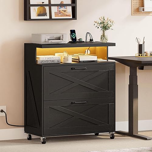 Miniatura 2 de YITAHOME Archivador de madera con estación de carga, archivador lateral grande con luz LED, soporte de impresora de mesita de noche de granja para