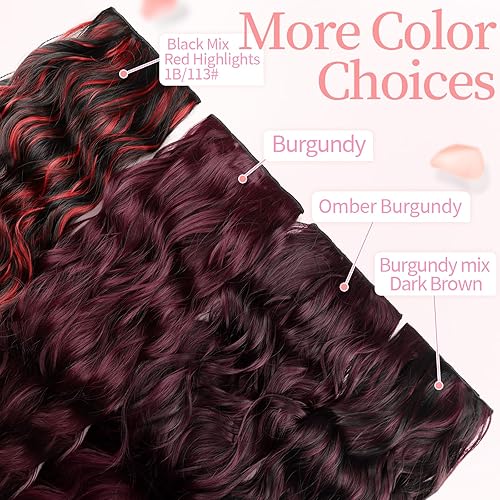 Miniatura 7 de KooKaStyle Extensiones de cabello sintético con pinzas, largo y ondulado, grueso, mezcla de color burdeos, fibra marrón oscuro, doble trama,