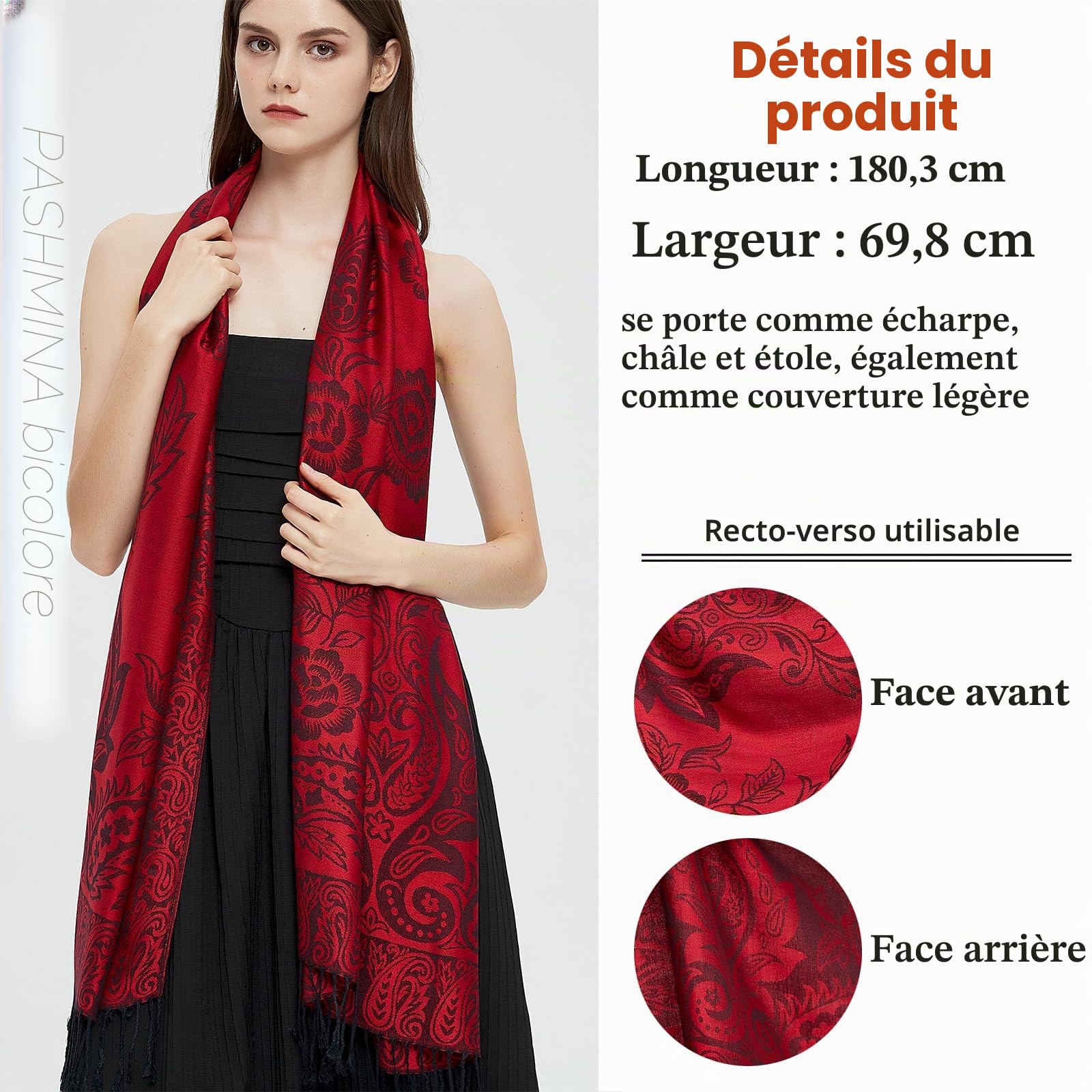 Pashmina Écharpe enveloppante avec cachemire ethnique deux tons Jacquard pour femme