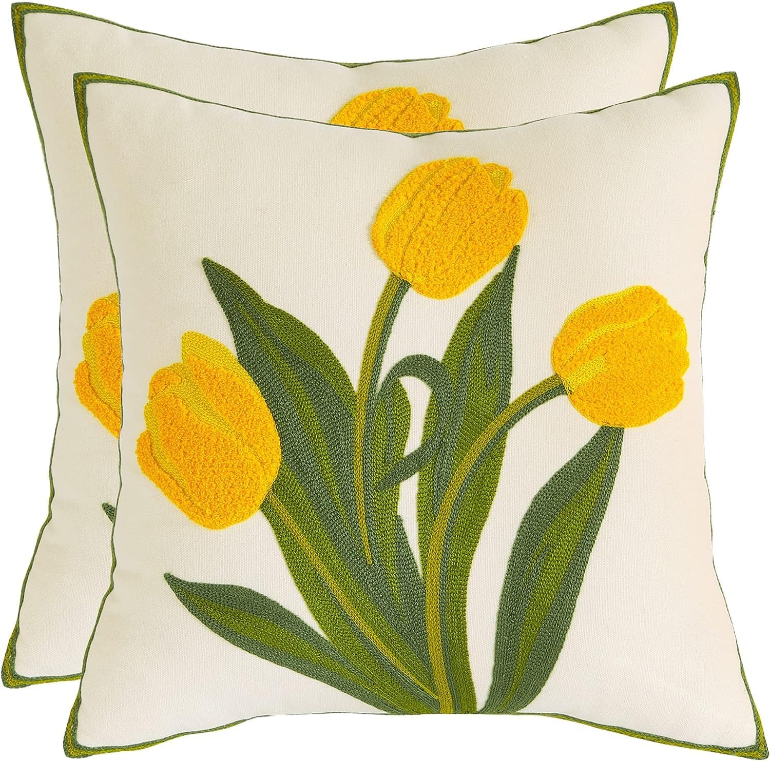 Tosleo Spring Pillow Covers 16x16 inch Pack of 2 Yellow Tulip Flower Embroidery Throw Pillow Covers Square Farmhouse Floral Decor Pillow Case for