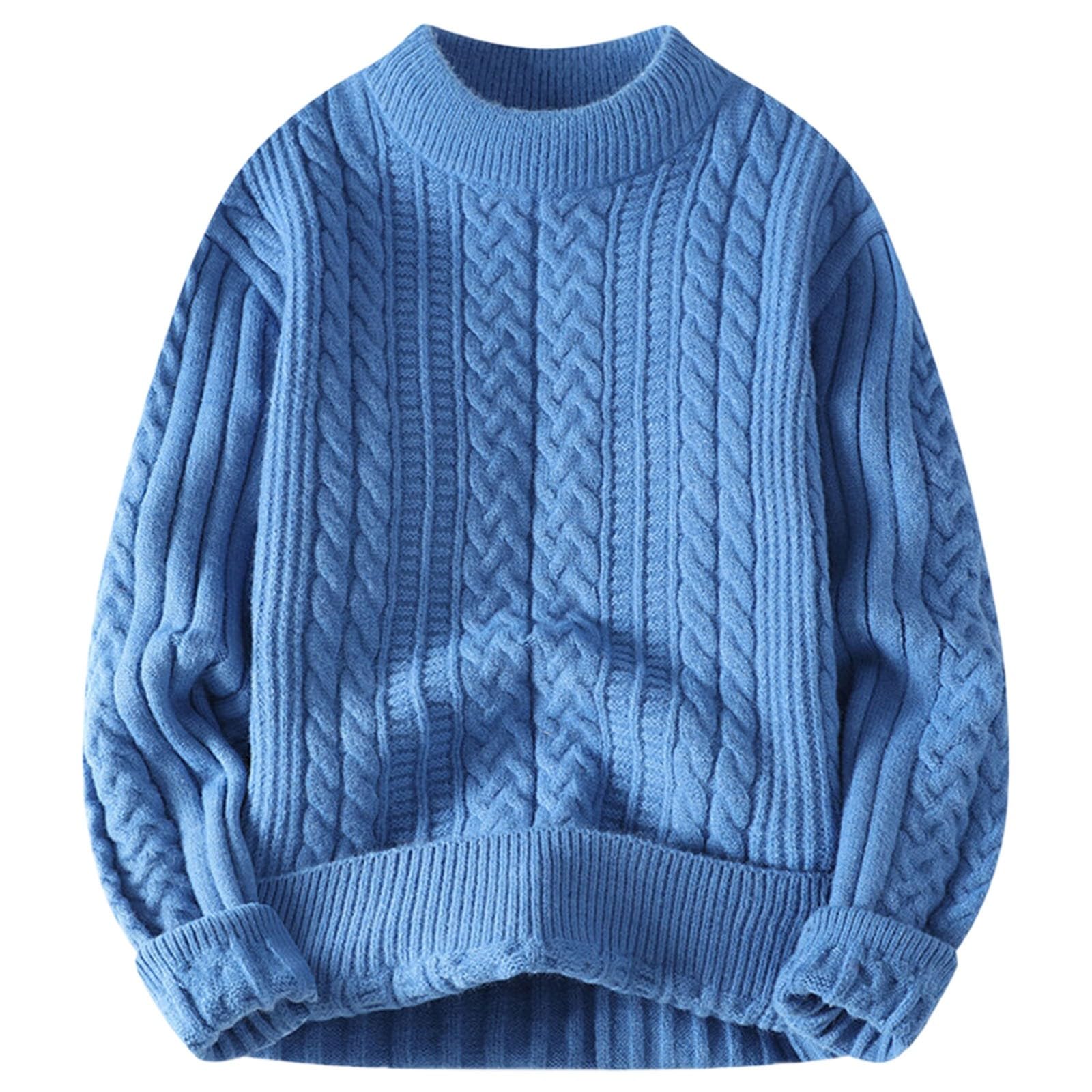Generisch Jersey de punto jacquard para hombre, cuello redondo, sudadera con puños, patrón trenzado, jersey de invierno, corte regular, camiseta básica de manga larga, monocolor