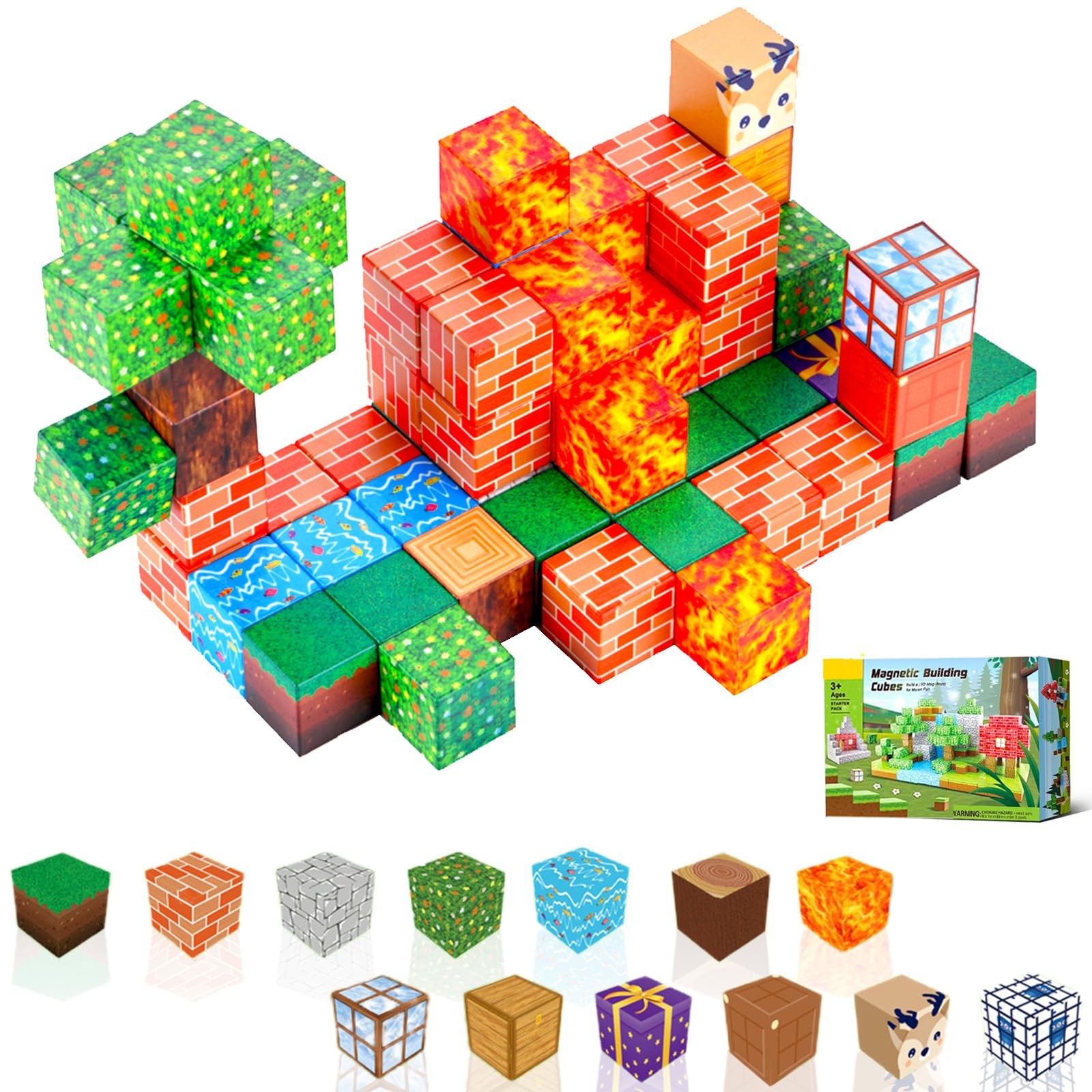 Magnetic Building Blocks Magnetic Tiles for Kids,Mine Magnet World Set,Kids Toys for 5 6 7 8 Years Old Boys Girls Birthday Gifts,STEM Montessori Sensory Autism Toys for Toddlers Gifts(64 Cubes)