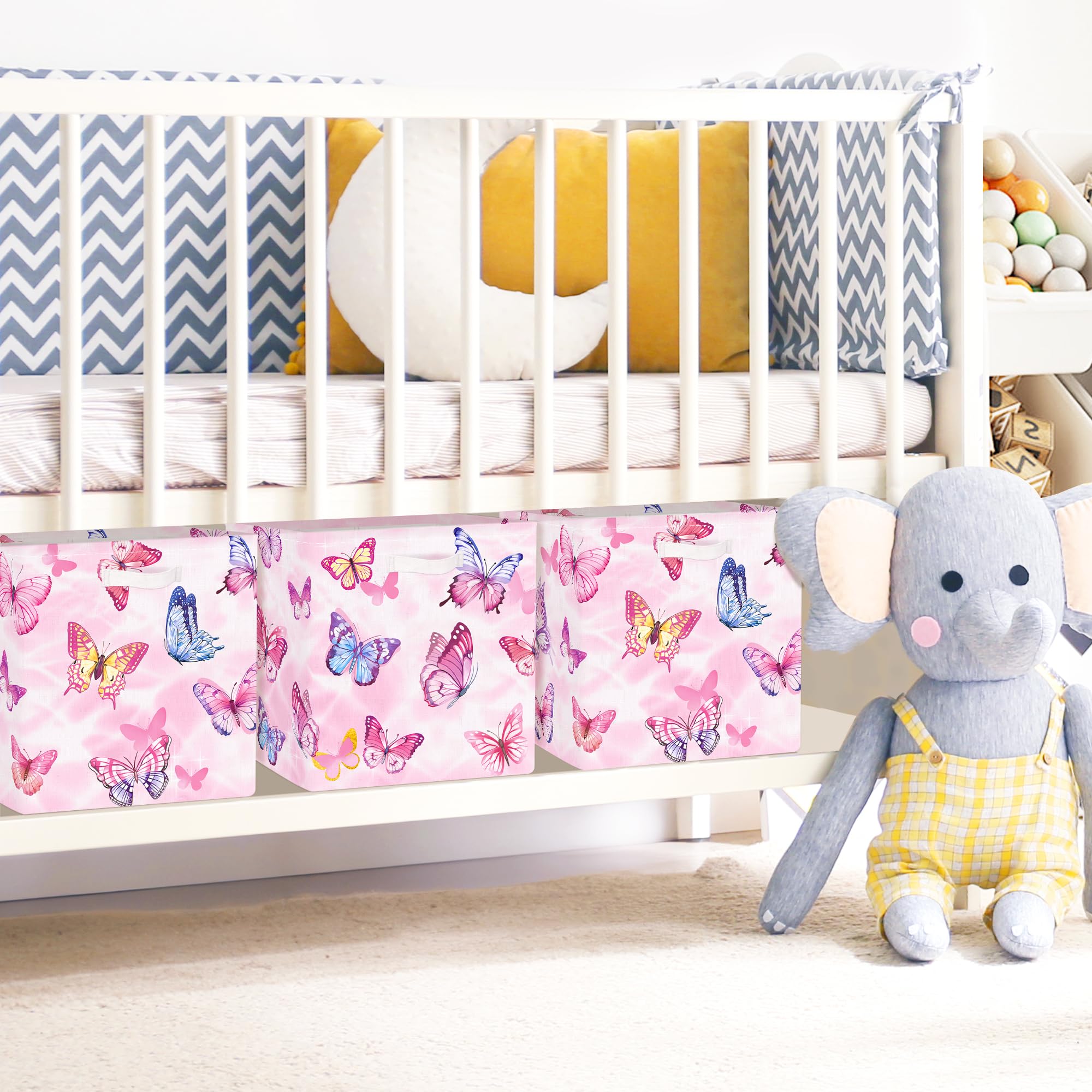 Clastyle Lot de 3 Boite Rangement Tissu Enfant Papillon Cube de Rangement Pliable Filles Panier Kallax pour Salle de Bain,Rose,30x30x30 cm