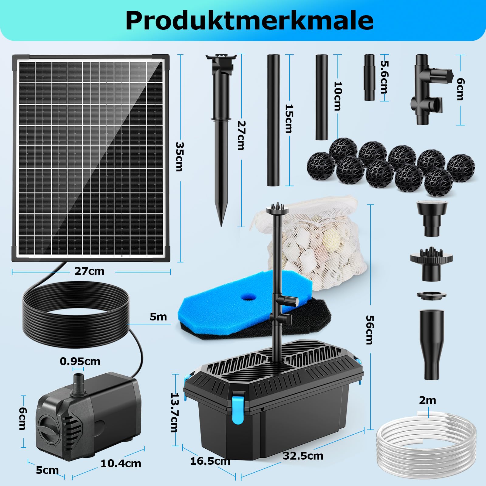 POPOSOAP 20W Teichfilter Solar mit Springbrunnenpumpe, Komplettes Teichfiltrations- und Solarbrunnen-Set für kleine Gartenteiche, Aquarien und Wasserspiele