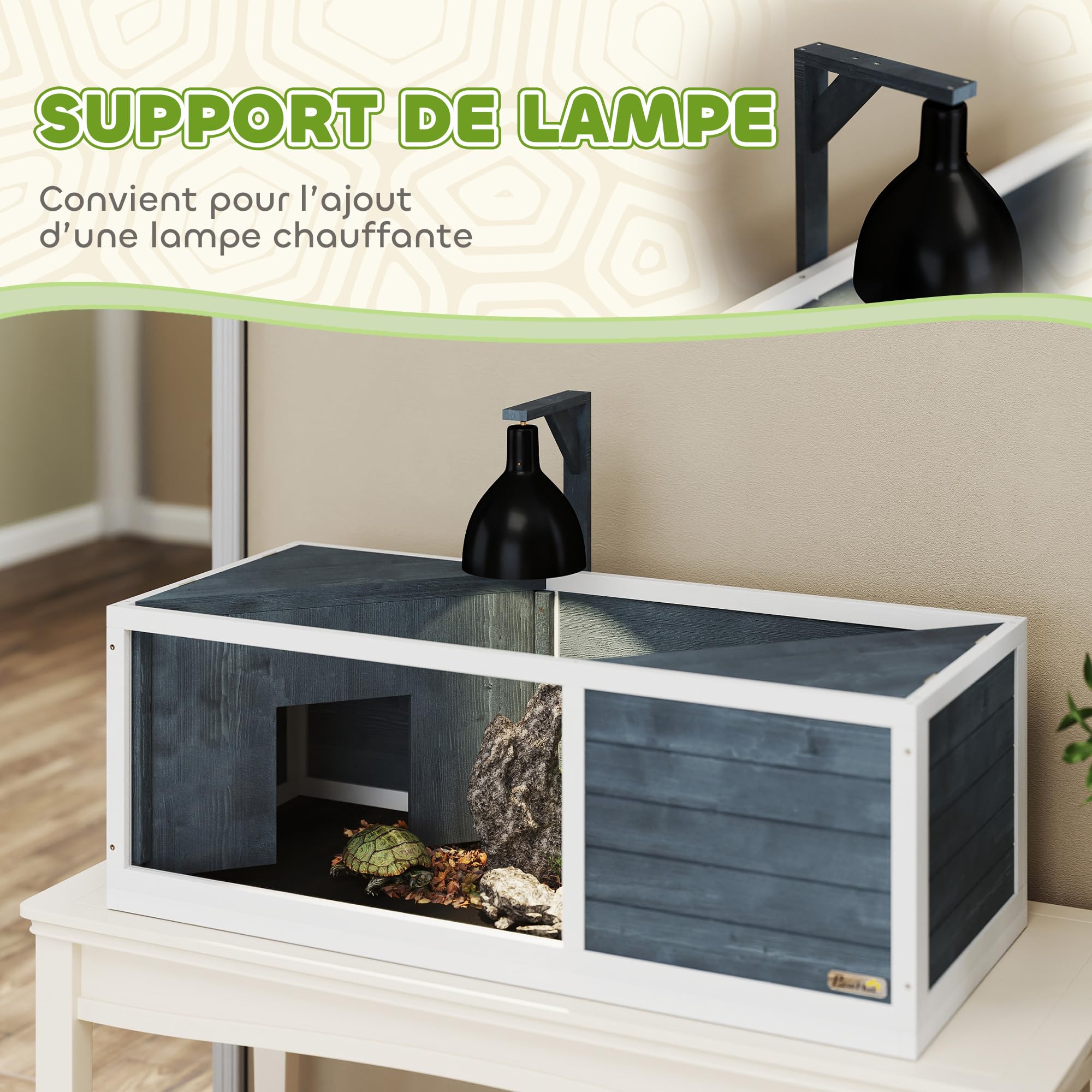 PawHut Casa per tartarughe XL 120 cm - terrario per tartarughe terrestri in legno, 2 nicchie con tetto apribile e area giochi aperta - recinto con supporto per lampada e finestra panoramica, grigio