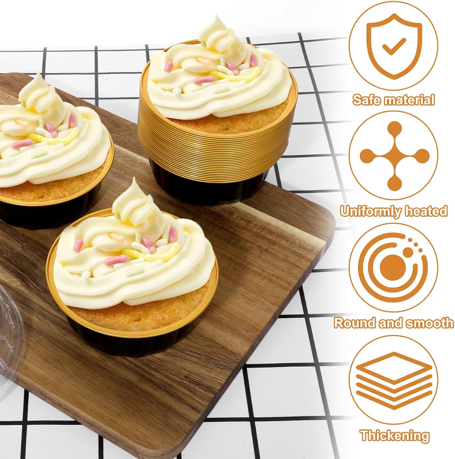 100 Pack 8 oz Disposable Ramekins with Lids, Creme Brulee Dessert Cupcake Ramekin Aluminum Foil Cup, Black Gold Aluminum Foil Cups, Cupcake Containers for Wedding, Kitchen, Party, Graduation image 5