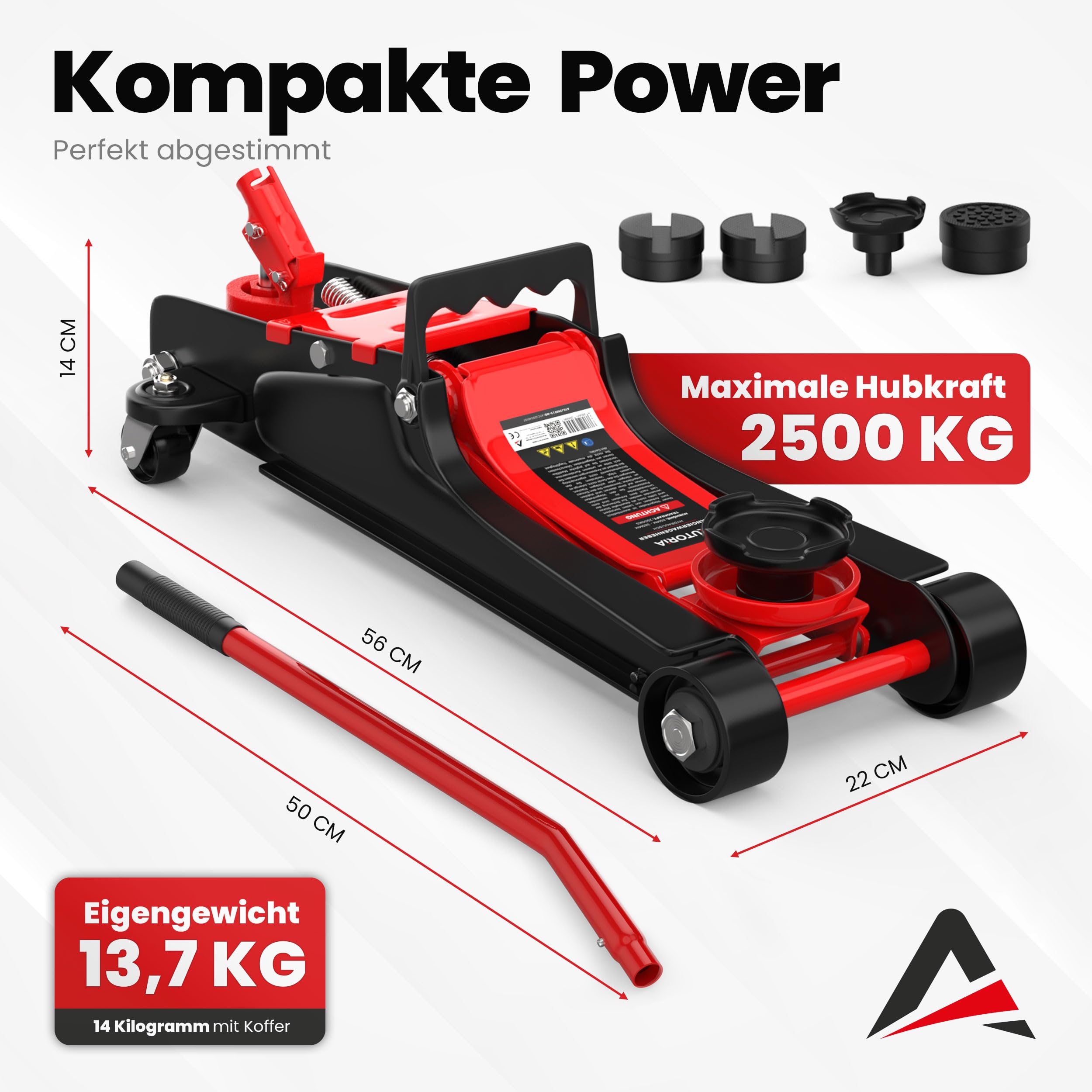 Wagenheber 2,5T extra flach – Hydraulischer Rangierwagenheber mit Transportkoffer, 3 Gummiauflagen & Adapter – Auto Wagenheber für PKW bis 2.500 kg (Rot)