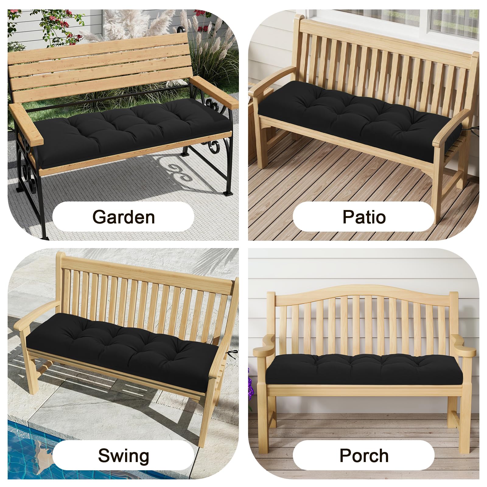 Outdoor Garden Bench Cushion, 8cm Thick Tufted Waterproof Long Bench Seat Pad with Ties, Replacement Cushion for Patio, Lawn & 2 Seater Loveseat Furniture, 108x45cm, Black — view 6