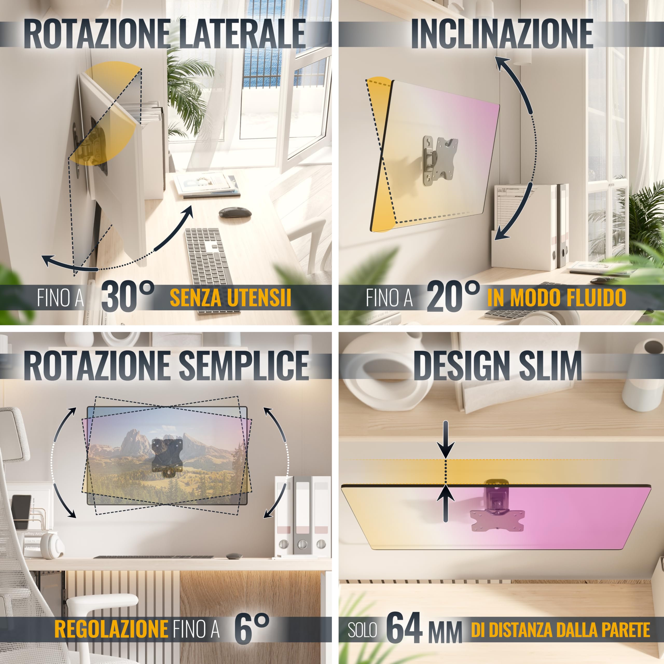 RICOO S3711 Supporto monitor da parete Staffa schermo 13-34 pollici per 13 34 pollici girevole inclinabile fino a 20 kg max VESA 100x100