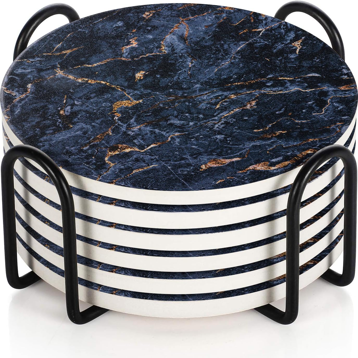 Ceramic Coasters with Matt Finish On Top & Cork Base | Coasters for Cups Set of 6 | Marble Style Ceramic Coaster for Tea, Coffee Table & Dining Table with Metal Holder