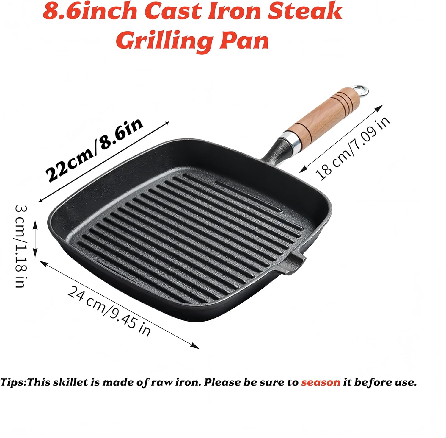 8.6 Inch Cast Iron Grill Pan for Stove Top, Square Skillet Griddle Pan with Pour Spout, Flat Steak Grilling Pan, Durable Indoor & Outdoor Use, Naturally Nonstick with Oil Seasoning, PFOA Free - Image 3