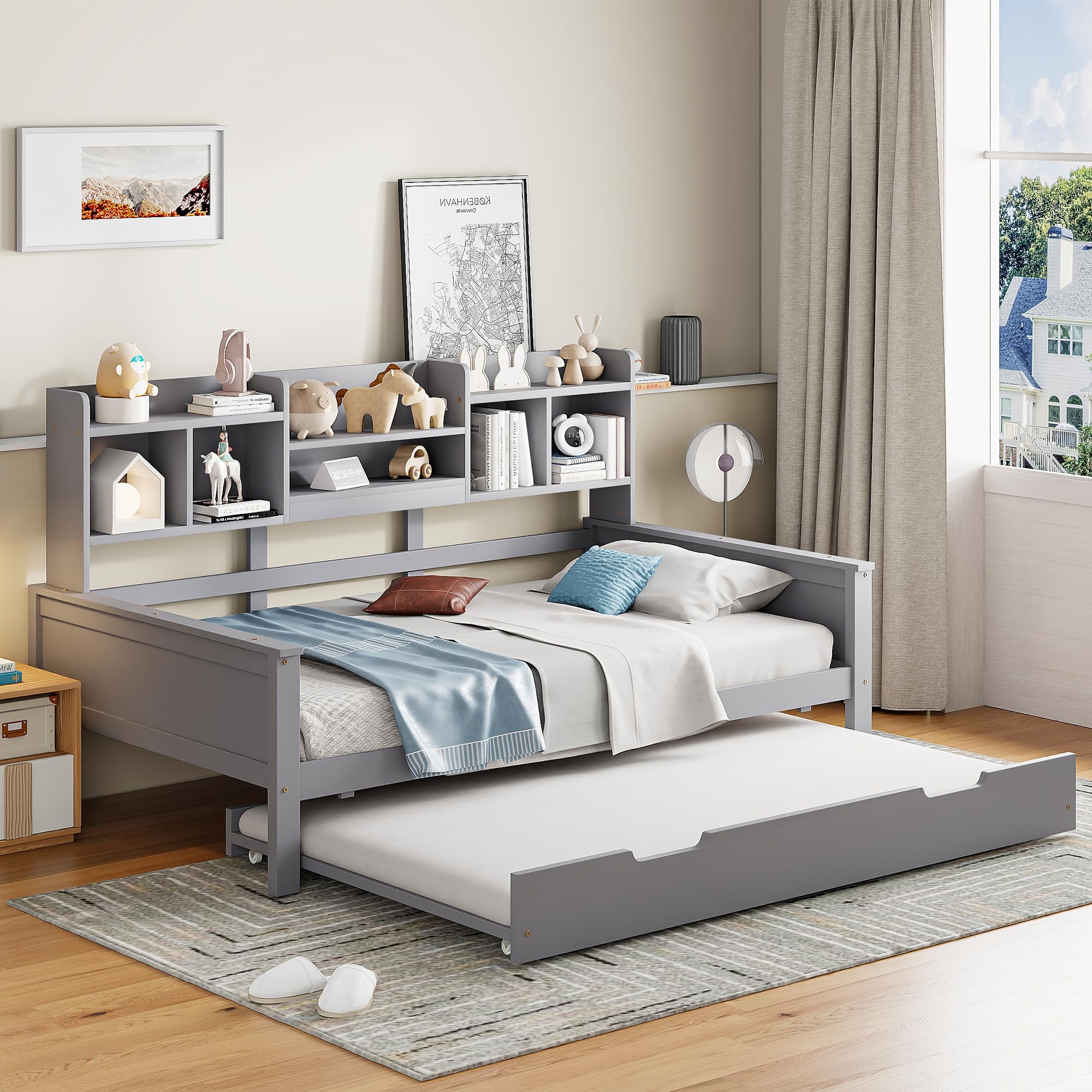 90 x 200 cm, letto estraibile in legno massiccio, 90 x 190 cm, divano letto estraibile con vano portaoggetti e rete a doghe, in pino multifunzionale, letto singolo, grigio