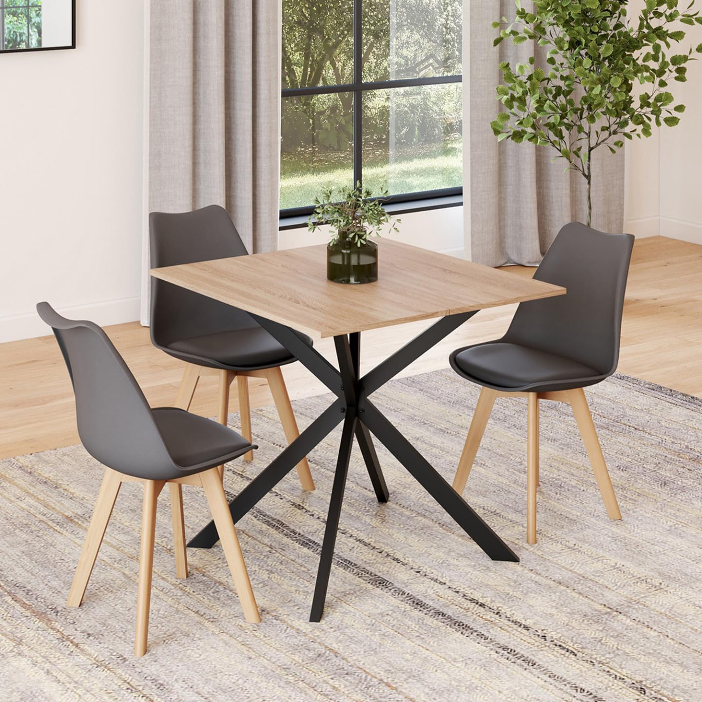 IDMarket - ALIX Tavolo da pranzo quadrato allungabile per 4-6 persone con gamba in legno e ragno nero 80-120 cm