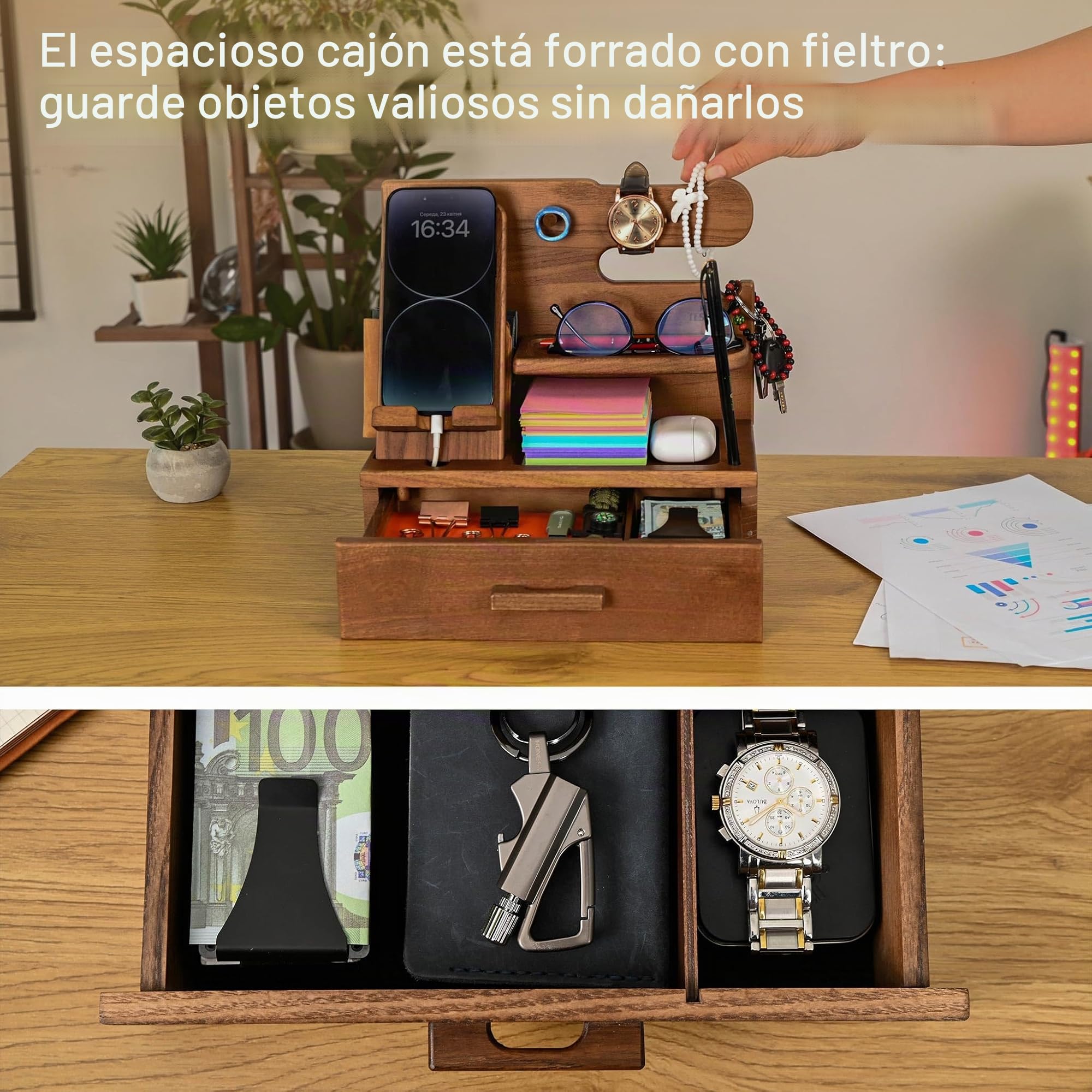 TESLYAR Estación de Acoplamiento de Madera para Teléfono con Cajón Organizador de Escritorio para Marido Regalos de Cumpleaños para Hombres Papá Regalo Padre Dia del Padre Regalos
