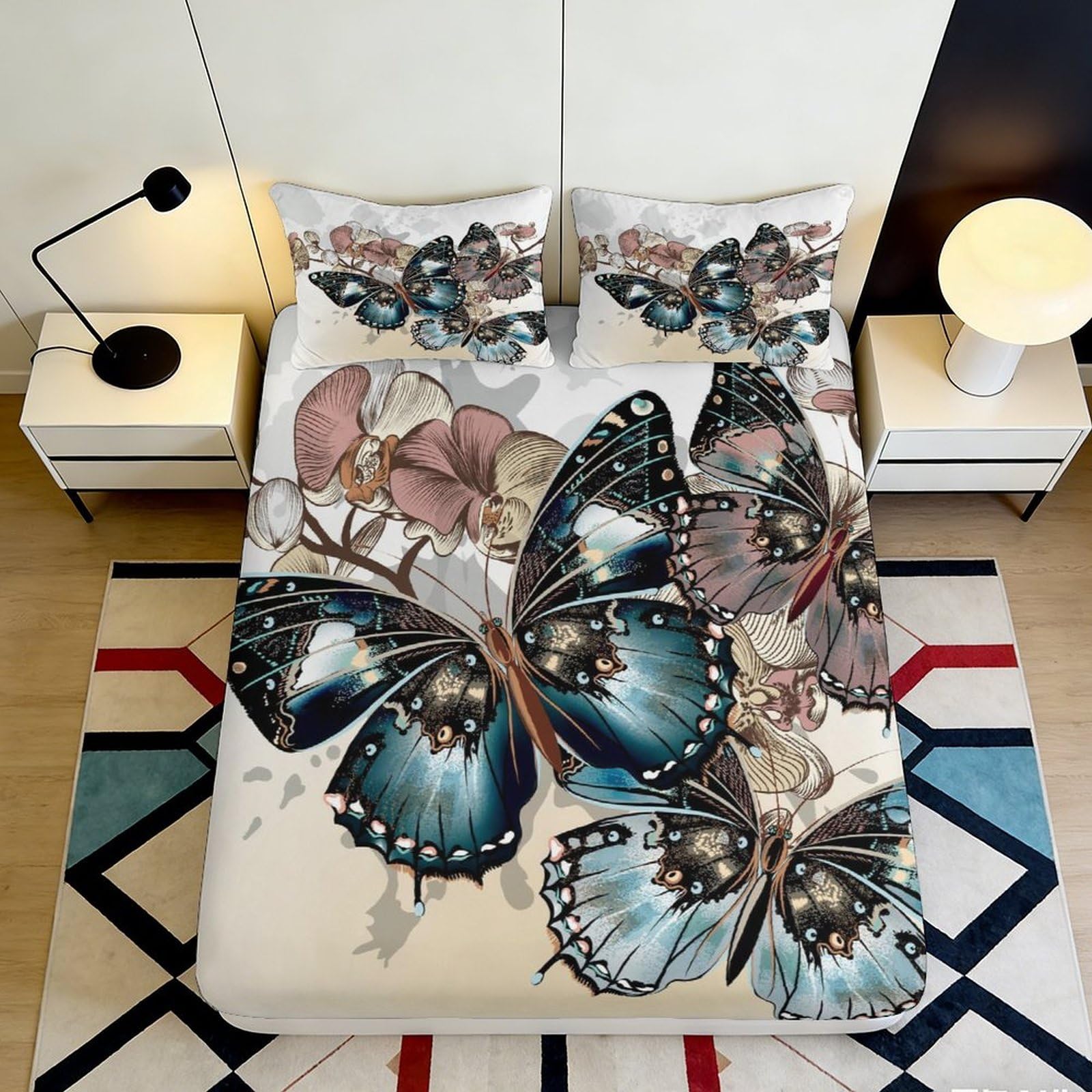 3D Printed Butterfly Fitted Sheet Microfiber Deep Pocket Elastic Hem Bedroom Bedding Butterfly Mattress Fitted Cover Washable 180x200x25cm