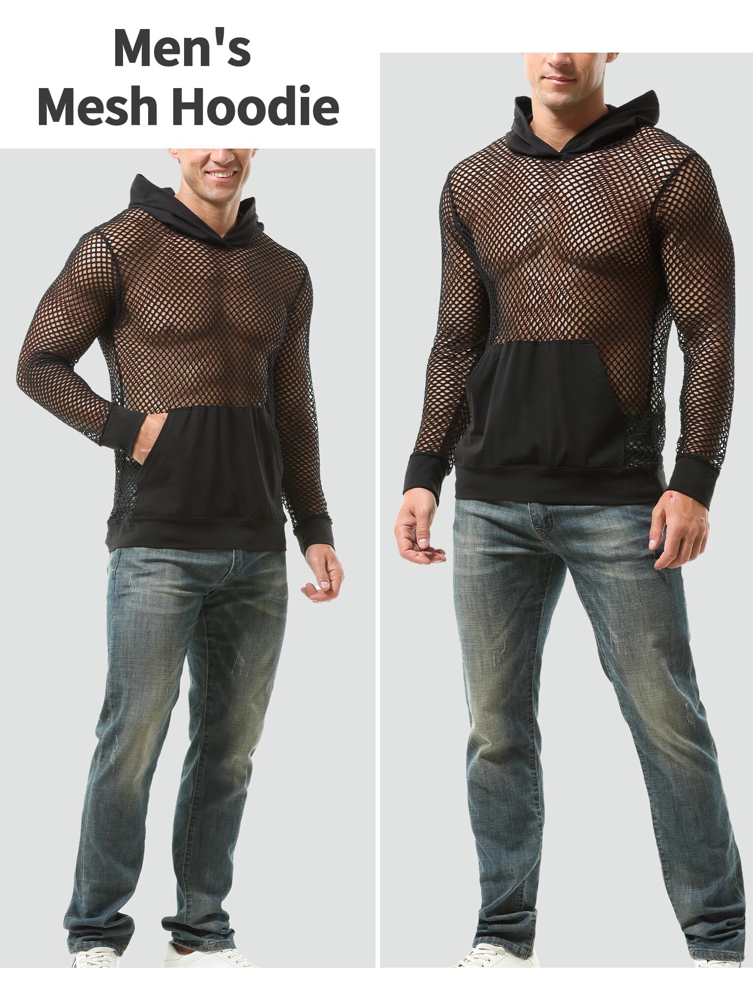 FEOYA Maglia da uomo a rete trasparente con cappuccio in rete per allenamento