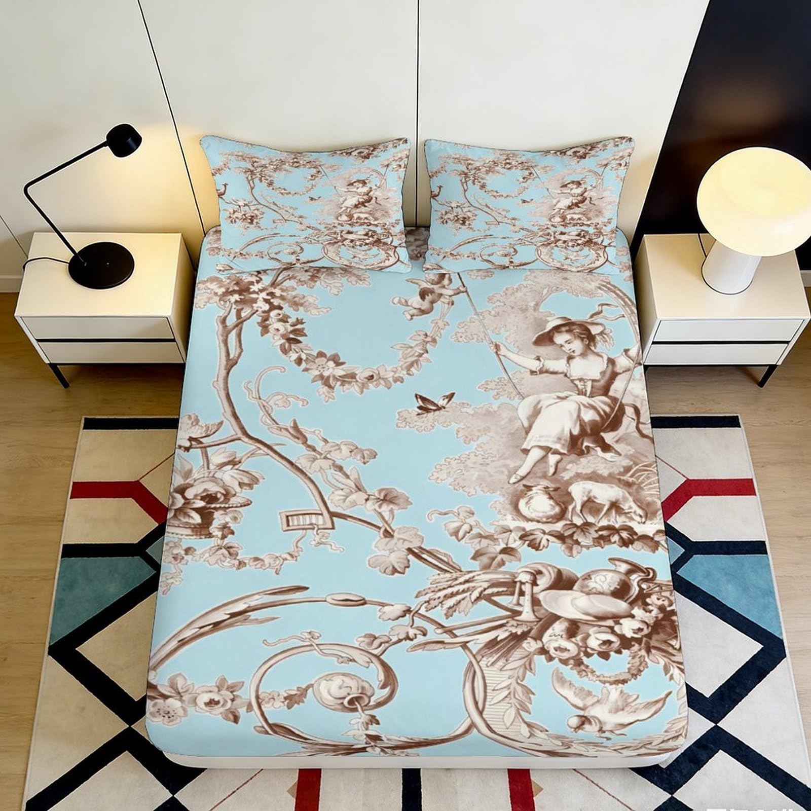3D Printed Baroque Angel Fitted Sheet Microfiber Soft Blue Bedroom Decor Vintage Cherub Mattress Cover 90x200x25cm