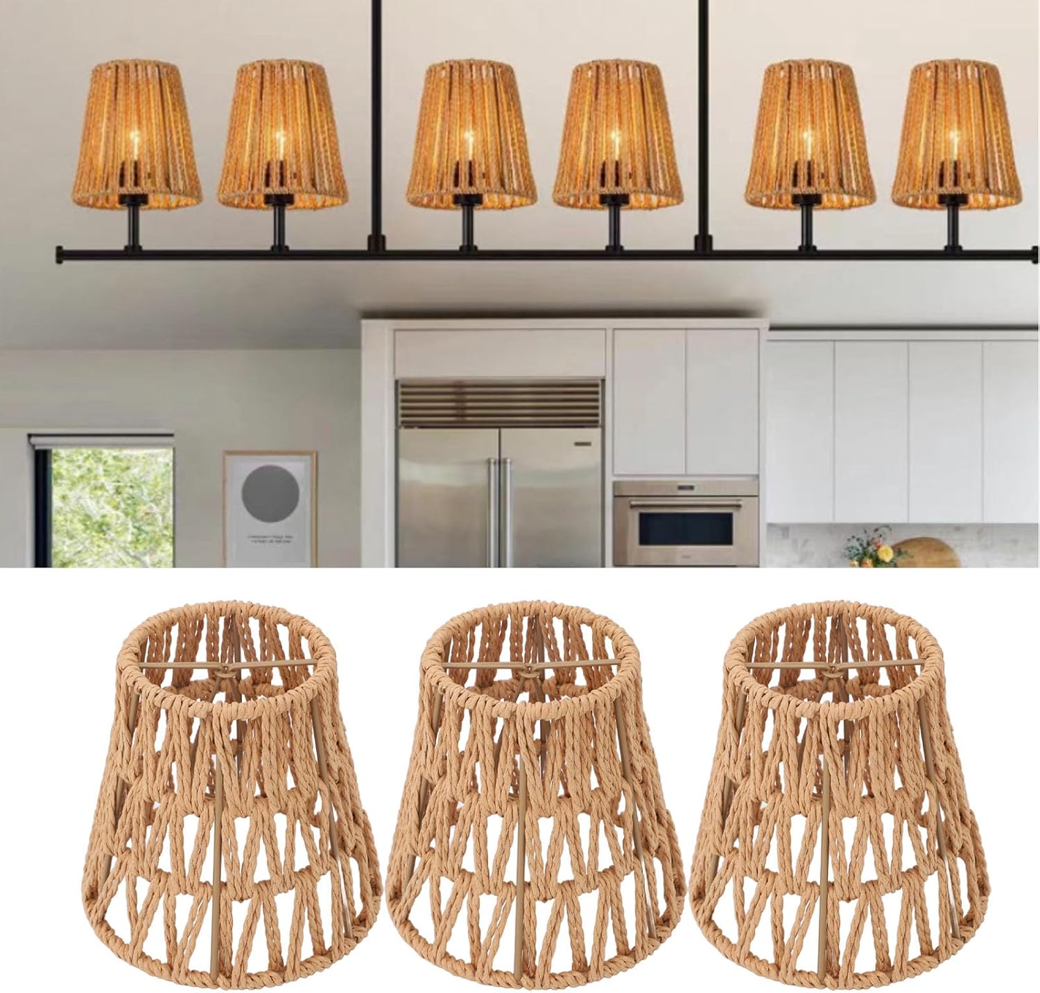 3 Pack Rattan Lamp Shade, E14 Bulb Clip On Woven Lampshade, 3.5 Top X 5.5 Bottom Small Boho Lamp Shades Replacement for Floor Lamp, Pendant Light, Chandelier, Wall Sconces