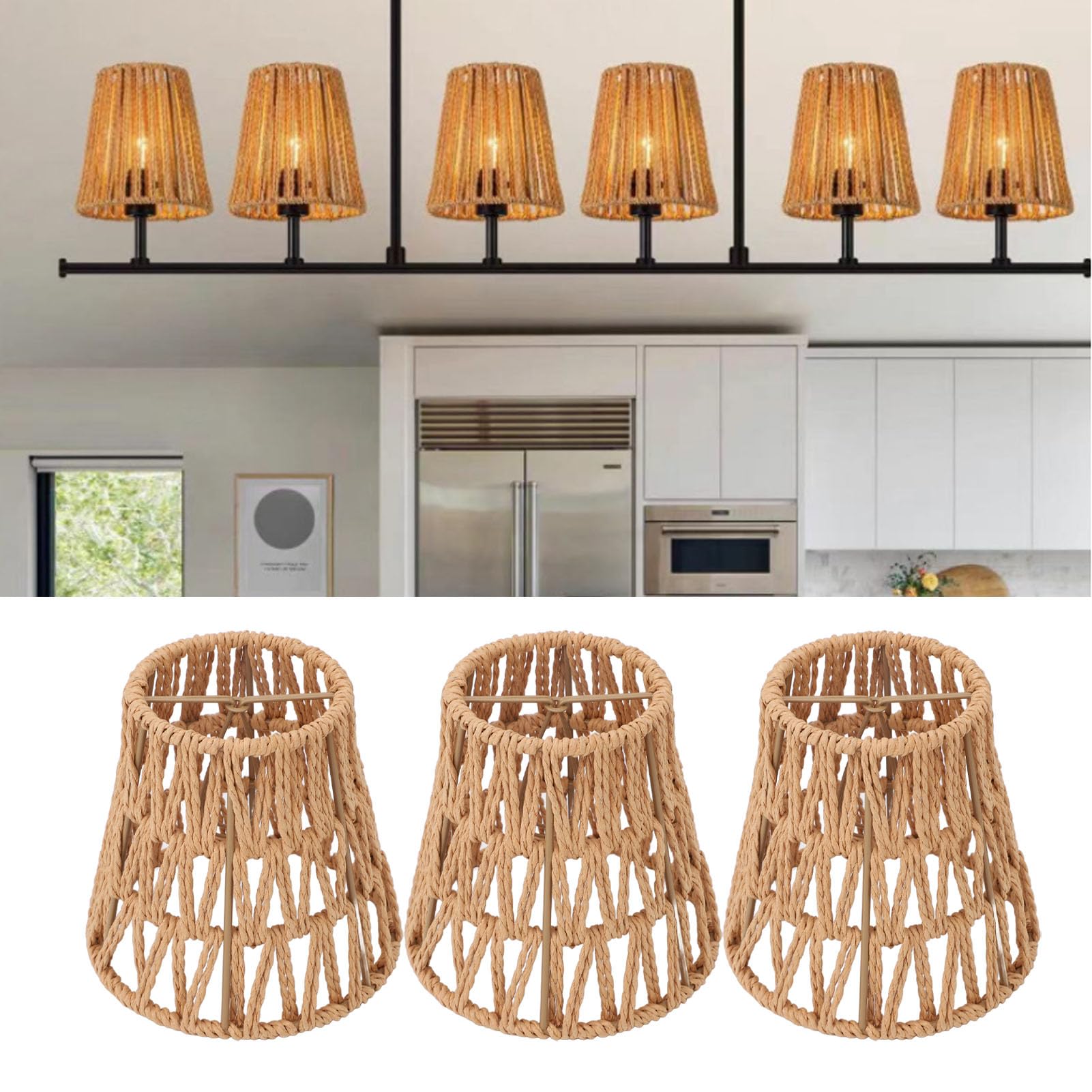 3 Pack Rattan Lamp Shade E14 Bulb Clip On Woven Lampshade 3.5 Top X 5.5 Bottom Small Boho Lamp Shades for Chandelier Pendant Light Wall Sconces - Image 4