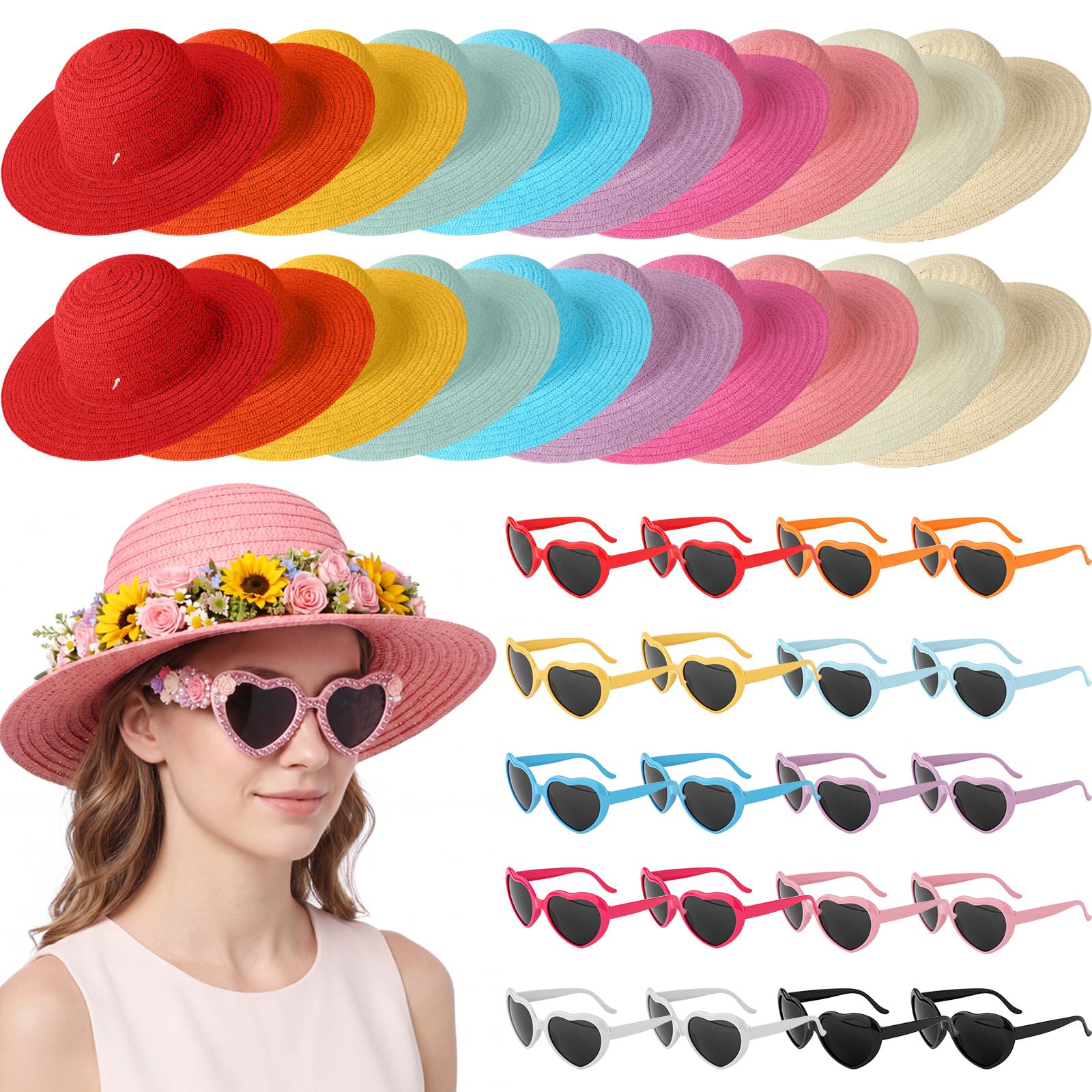 Unittype Set di 40 cappelli da sole colorati in paglia e occhiali da sole a forma di cuore, cappelli unisex per fai da te, compleanni, tè, feste, matrimoni, estate, spiaggia, piscina, decorazioni