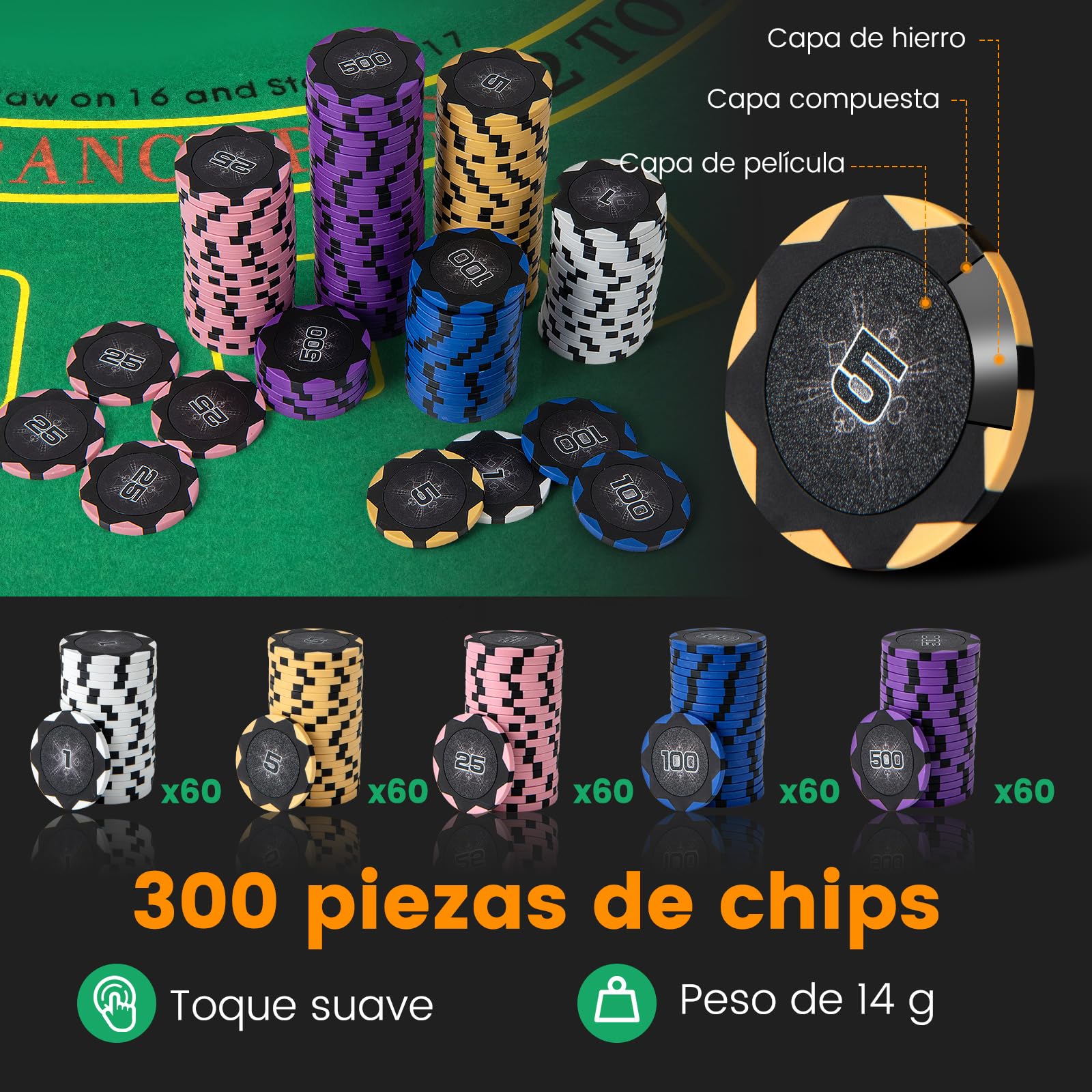 COSTWAY Set de Poker 300 Fichas, Juego de Casino con Barajador Automático, Fieltro y Accesorios