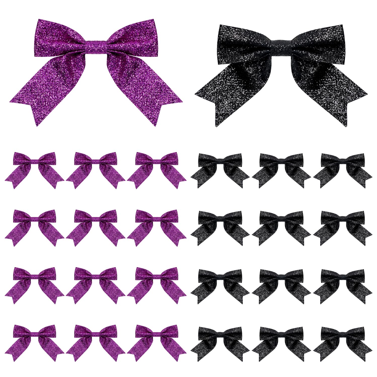 SPWOLFRT 24 Pieces Glitter Christmas Bows, Christmas Tree Bow Ornament, Premade Small Bowknot for Xmas Tree Wreath Crafts Gift Wrapping Basket Wedding Party Home Decor,6.5 * 7cm (24, Black&Purple)